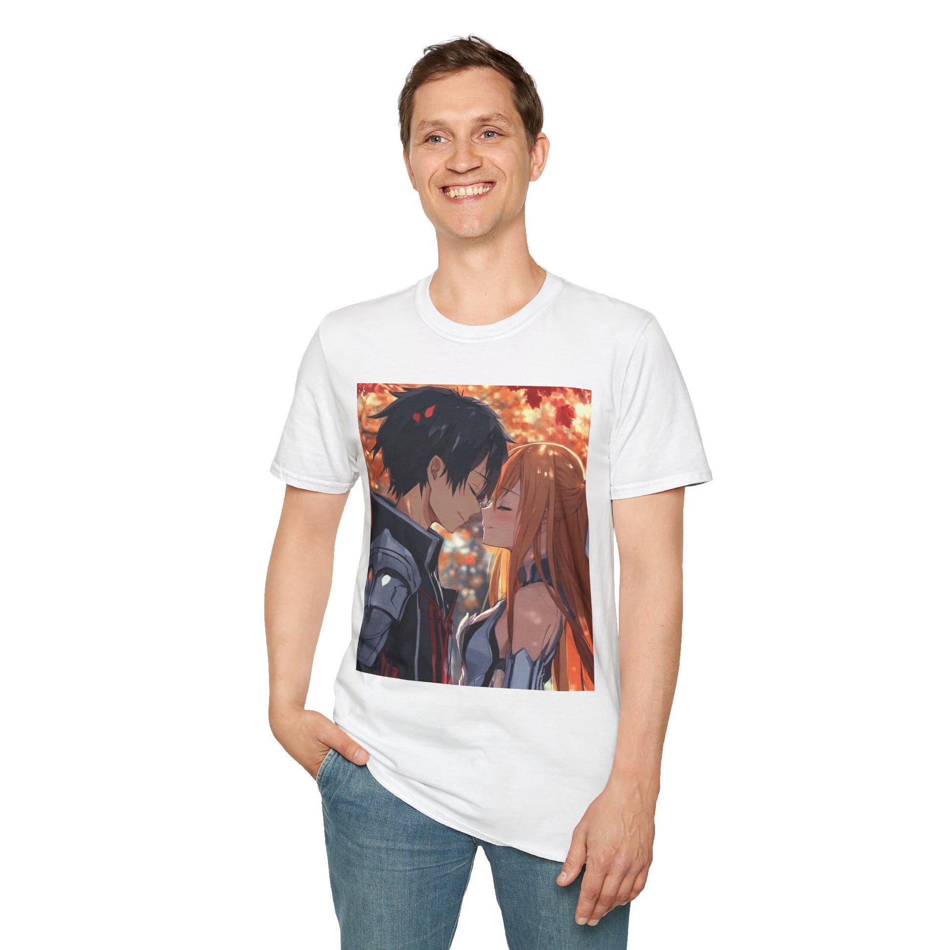 Black Knight Fantasy Tee -  fantasy romance black knight anime shirt graphic tee unisex Black Knight & Golden Flash Tee – Kirito and Asuna under autumn leaves
