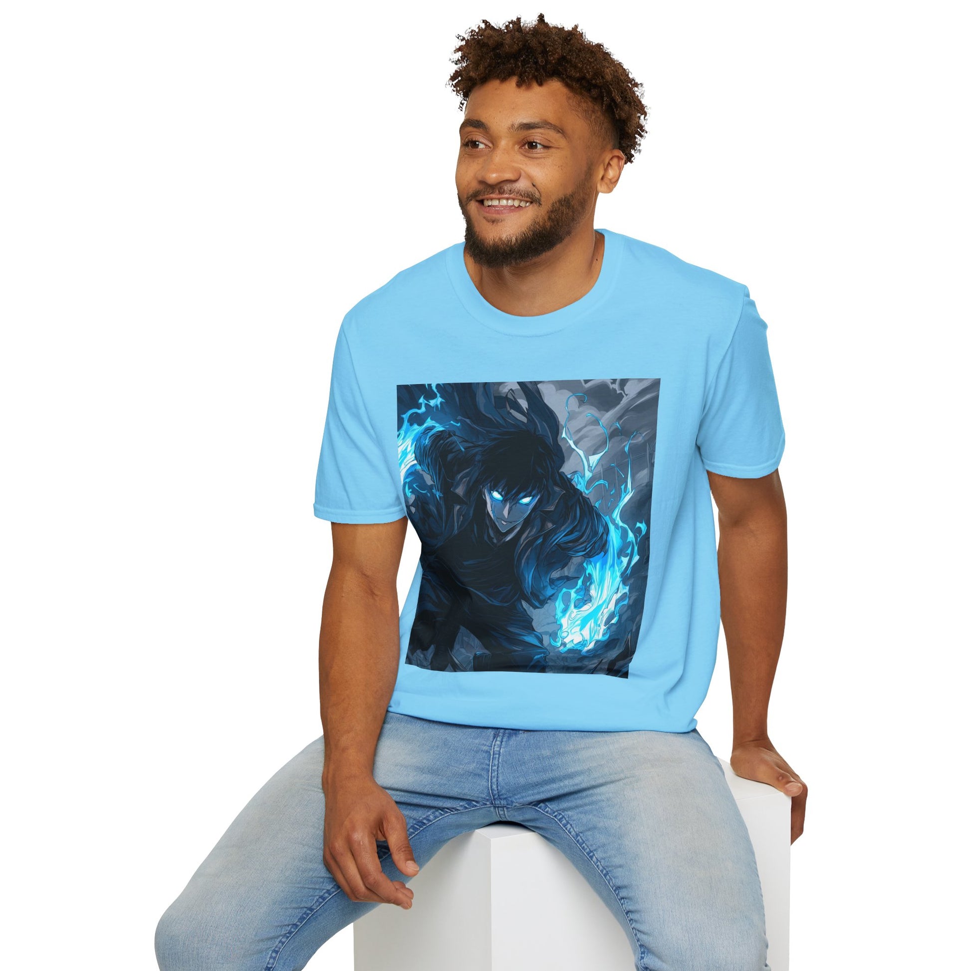 Solo Leveling Shadow Monarch Tee -  solo leveling sung jin woo shadow monarch anime shirt graphic tee unisex Shadow Monarch Tee – Sung Jin Woo engulfed in blue flames with glowing eyes