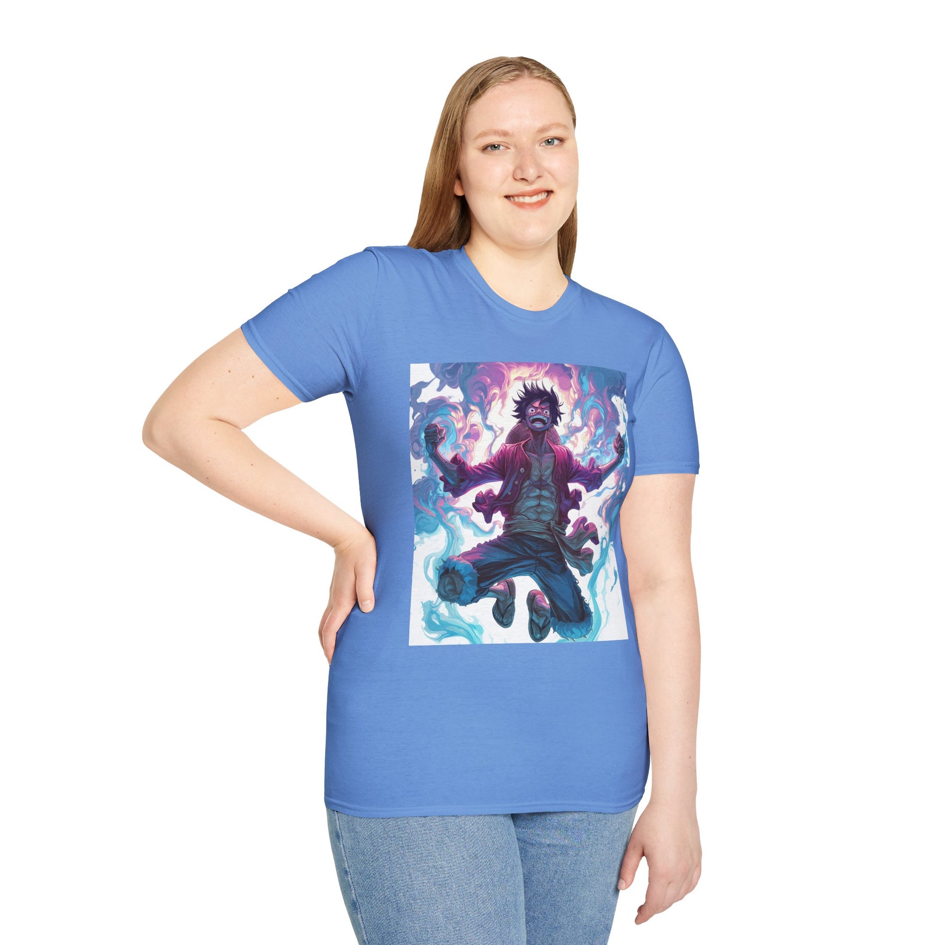 Luffy Pirate King Tee -  one piece luffy pirate king anime shirt graphic tee unisex King of the Pirates Tee – Luffy mid-air with red shirt, fists clenched and cosmic energy