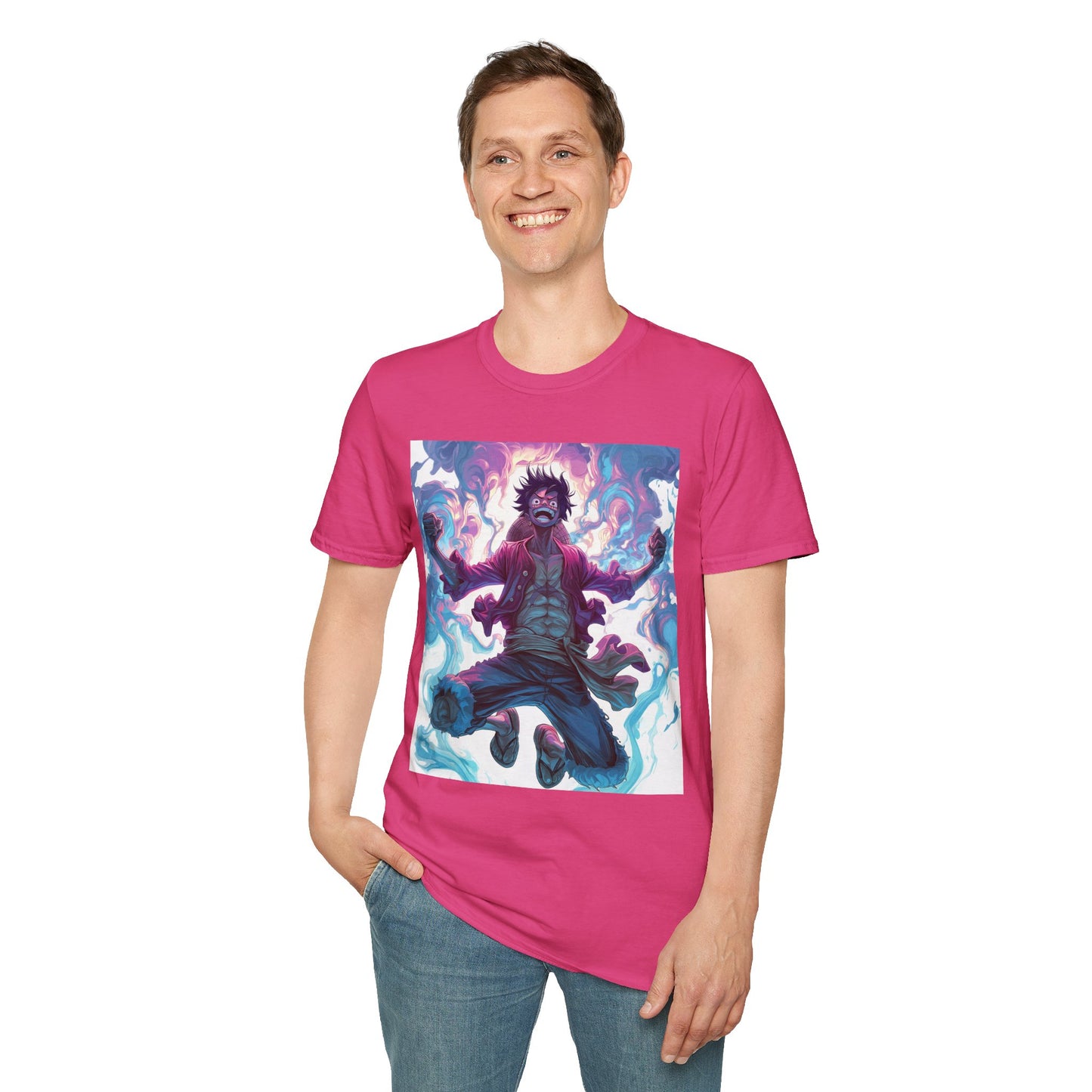 Luffy Pirate King Tee - one piece luffy pirate king anime shirt graphic tee unisex King of the Pirates Tee – Luffy mid-air with red shirt, fists clenched and cosmic energy