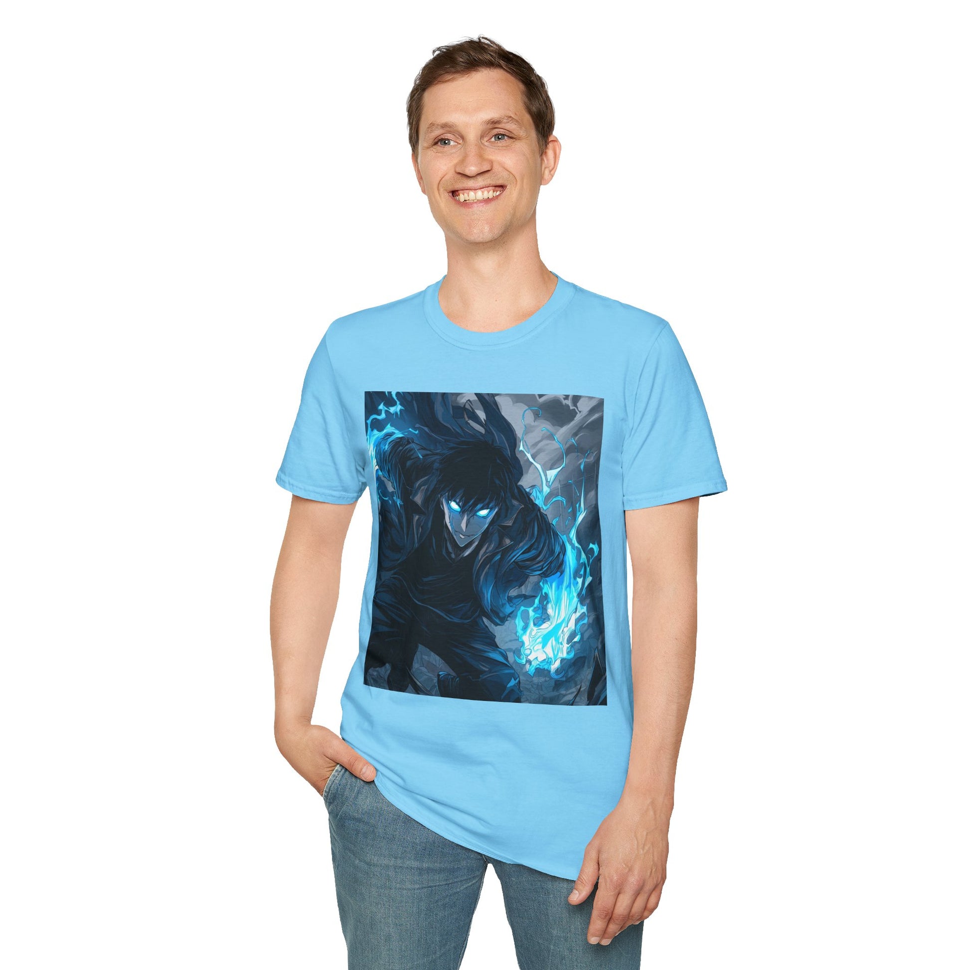 Solo Leveling Shadow Monarch Tee -  solo leveling sung jin woo shadow monarch anime shirt graphic tee unisex Shadow Monarch Tee – Sung Jin Woo engulfed in blue flames with glowing eyes