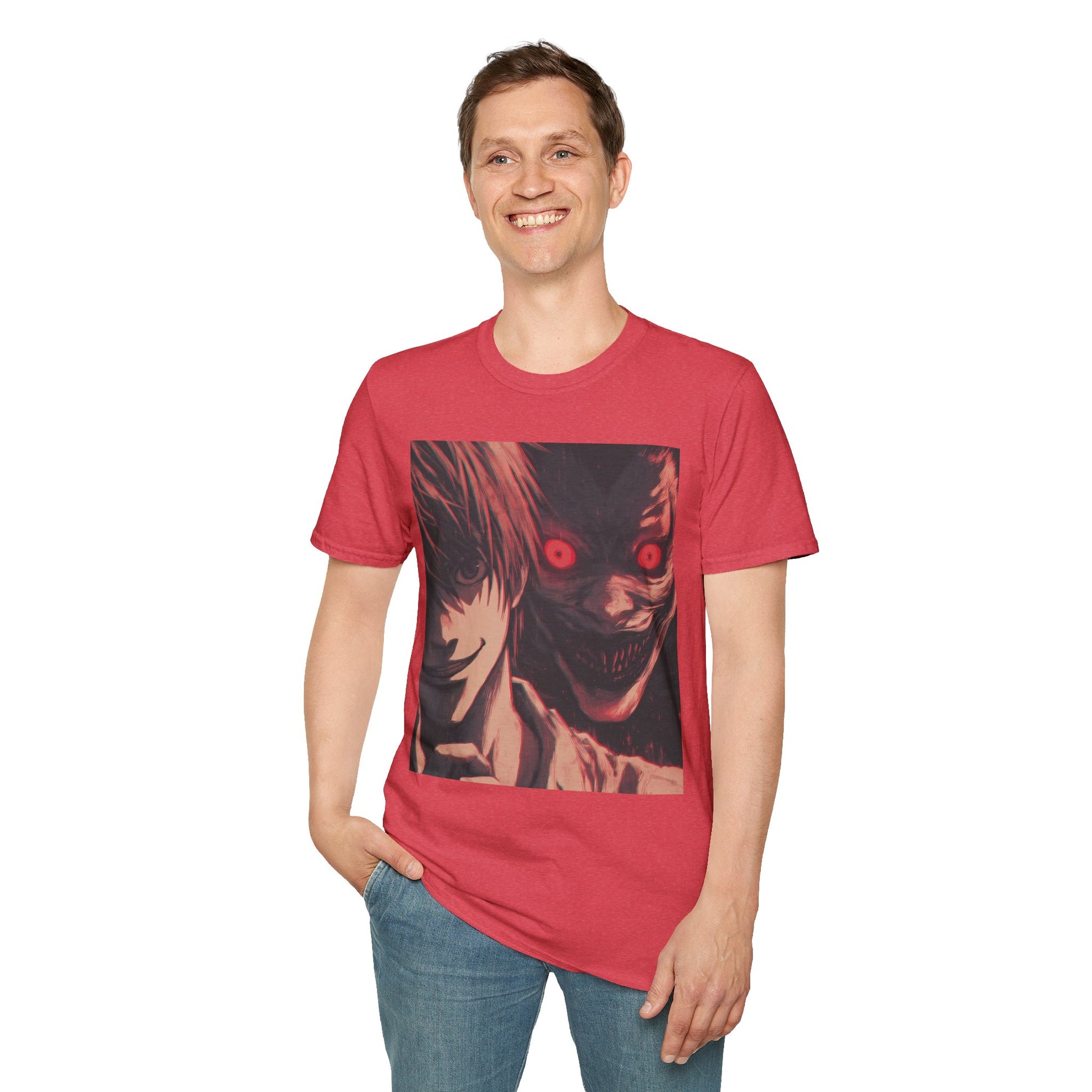 Light Yagami Crimson Tee -  death note light yagami anime shirt graphic tee unisex Crimson Light Tee – Light Yagami in crimson and black, evoking Kira’s quiet intensity with the shinigami Ryuk  gazing over his shoulder