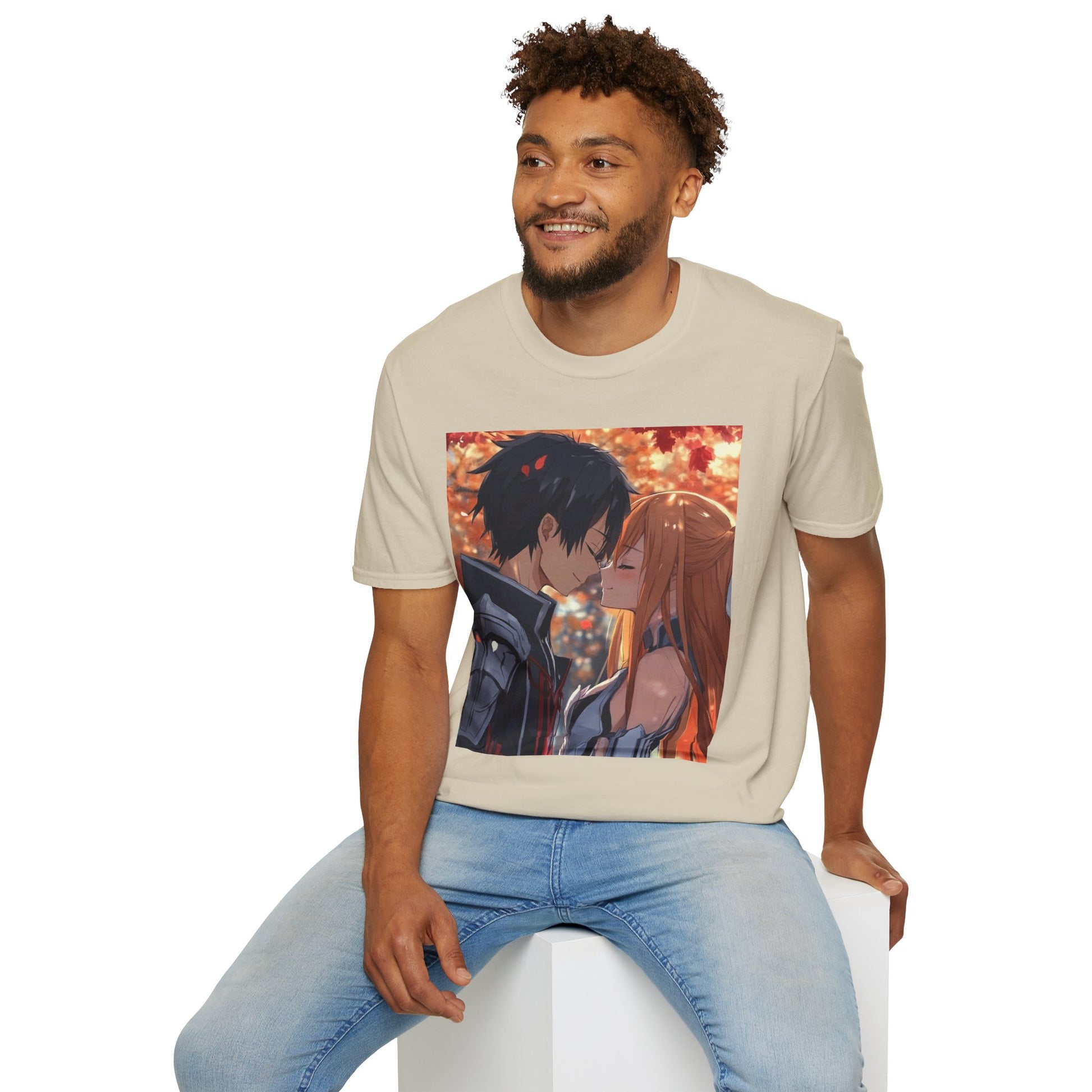 Black Knight Fantasy Tee -  fantasy romance black knight anime shirt graphic tee unisex Black Knight & Golden Flash Tee – Kirito and Asuna under autumn leaves