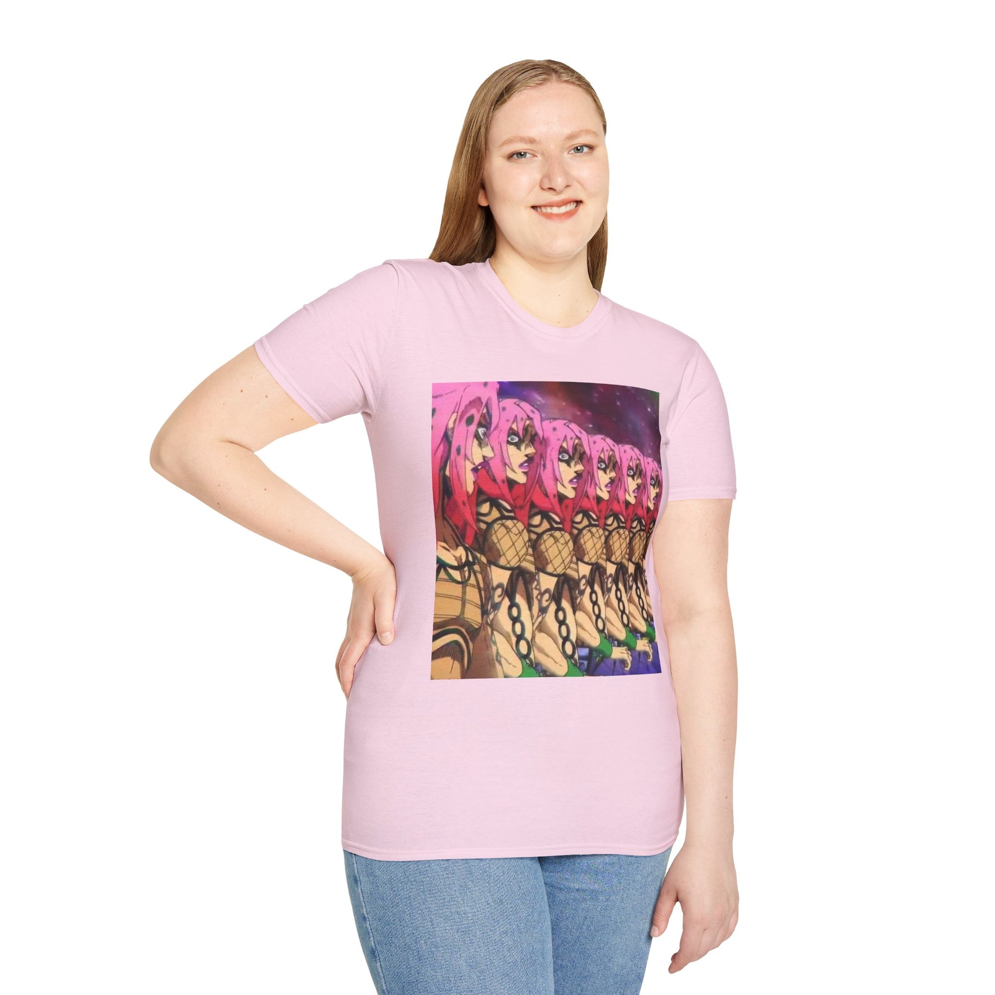 Diavolo Infinite Loop Tee -  jojo diavolo king crimson anime shirt graphic tee unisex Diavolo Death Loop Tee – Diavolo caught in cosmic loop with pink hair and cryptic tattoos