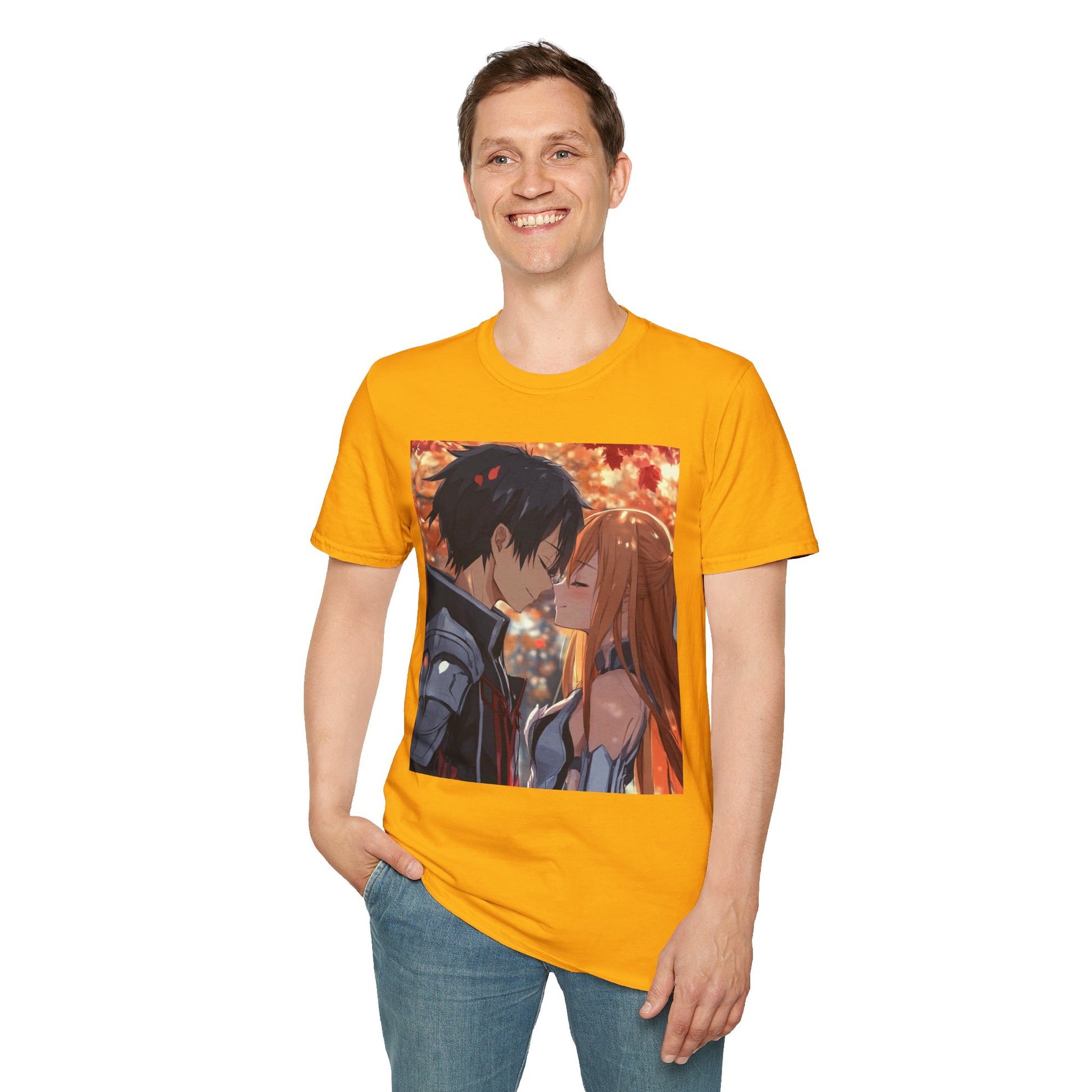 Black Knight Fantasy Tee -  fantasy romance black knight anime shirt graphic tee unisex Black Knight & Golden Flash Tee – Kirito and Asuna under autumn leaves