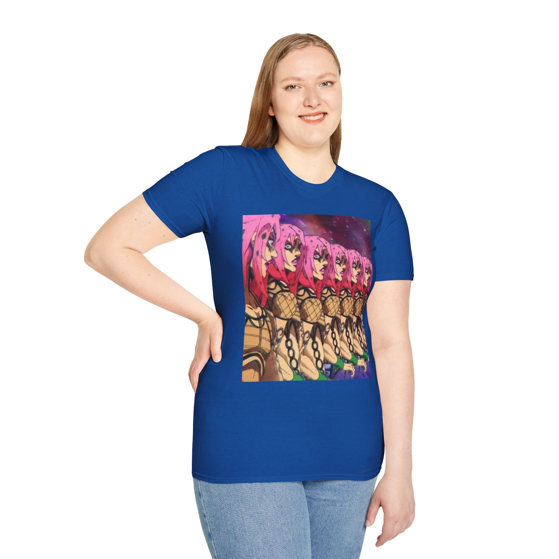 Diavolo Infinite Loop Tee -  jojo diavolo king crimson anime shirt graphic tee unisex Diavolo Death Loop Tee – Diavolo caught in cosmic loop with pink hair and cryptic tattoos