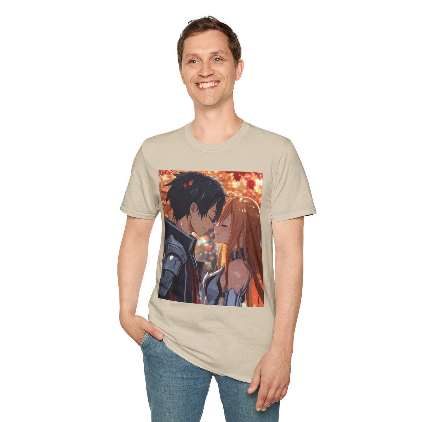 Black Knight Fantasy Tee - fantasy romance black knight anime shirt graphic tee unisex Black Knight & Golden Flash Tee – Kirito and Asuna under autumn leaves