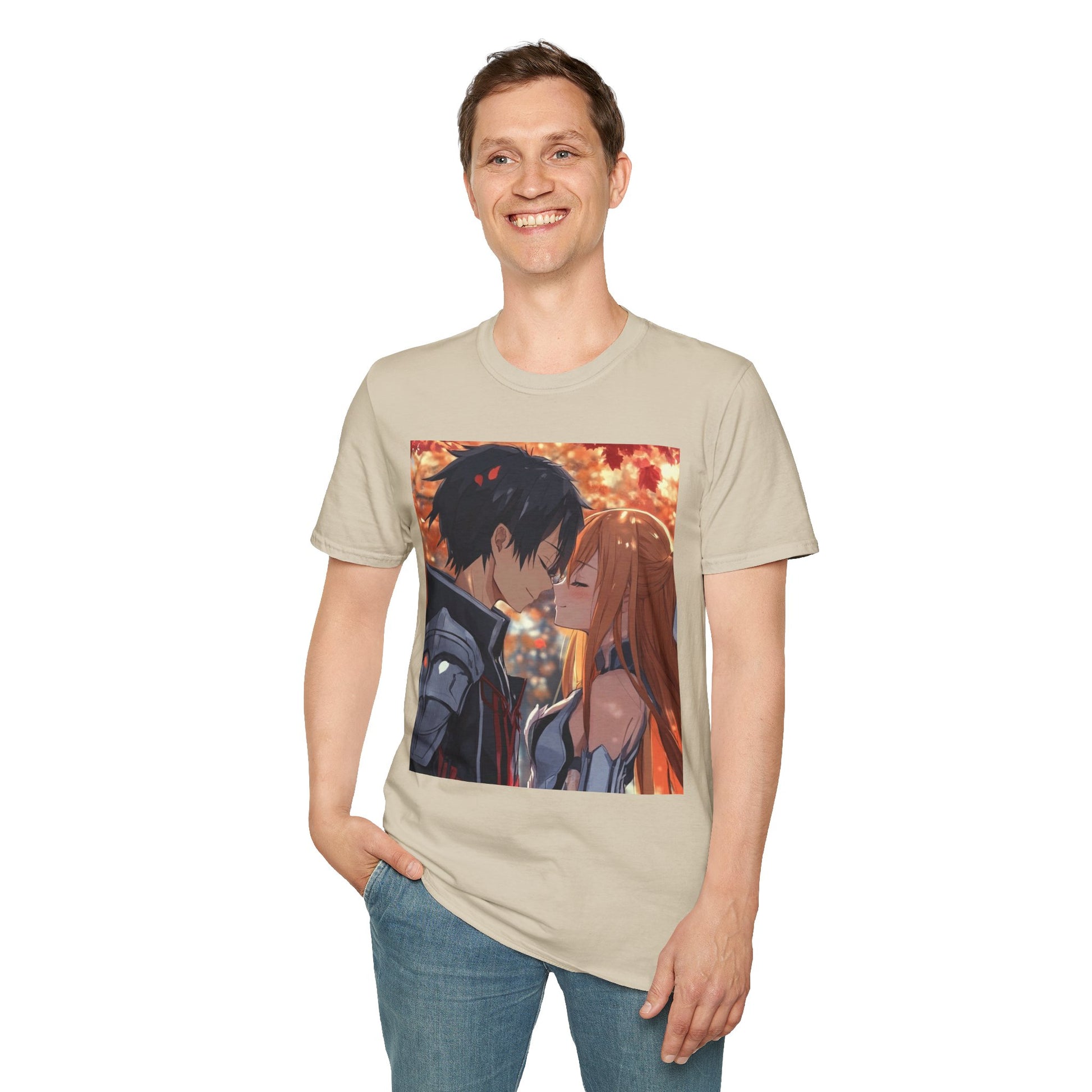 Black Knight Fantasy Tee -  fantasy romance black knight anime shirt graphic tee unisex Black Knight & Golden Flash Tee – Kirito and Asuna under autumn leaves