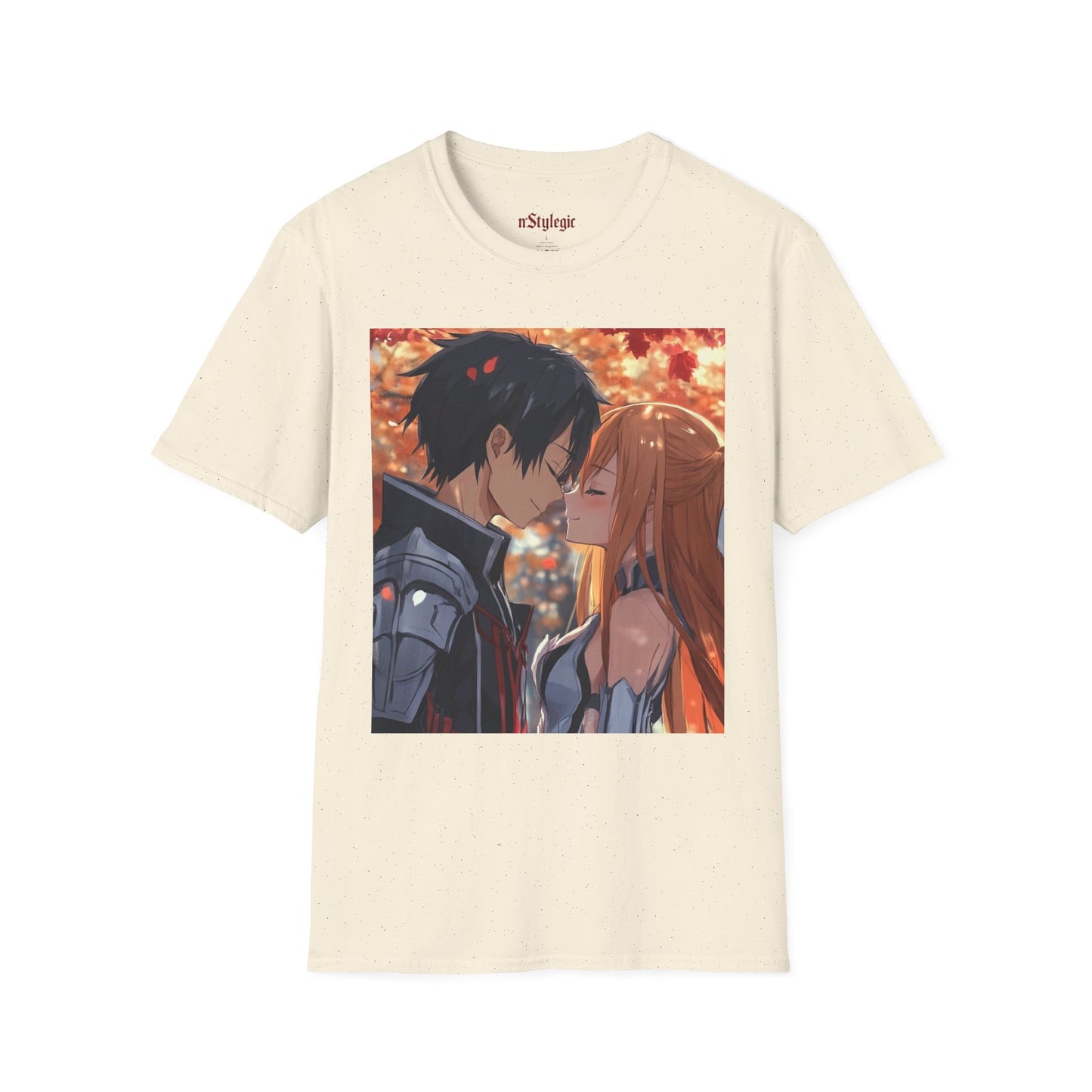 Black Knight Fantasy Tee - fantasy romance black knight anime shirt graphic tee unisex Black Knight & Golden Flash Tee – Kirito and Asuna under autumn leaves