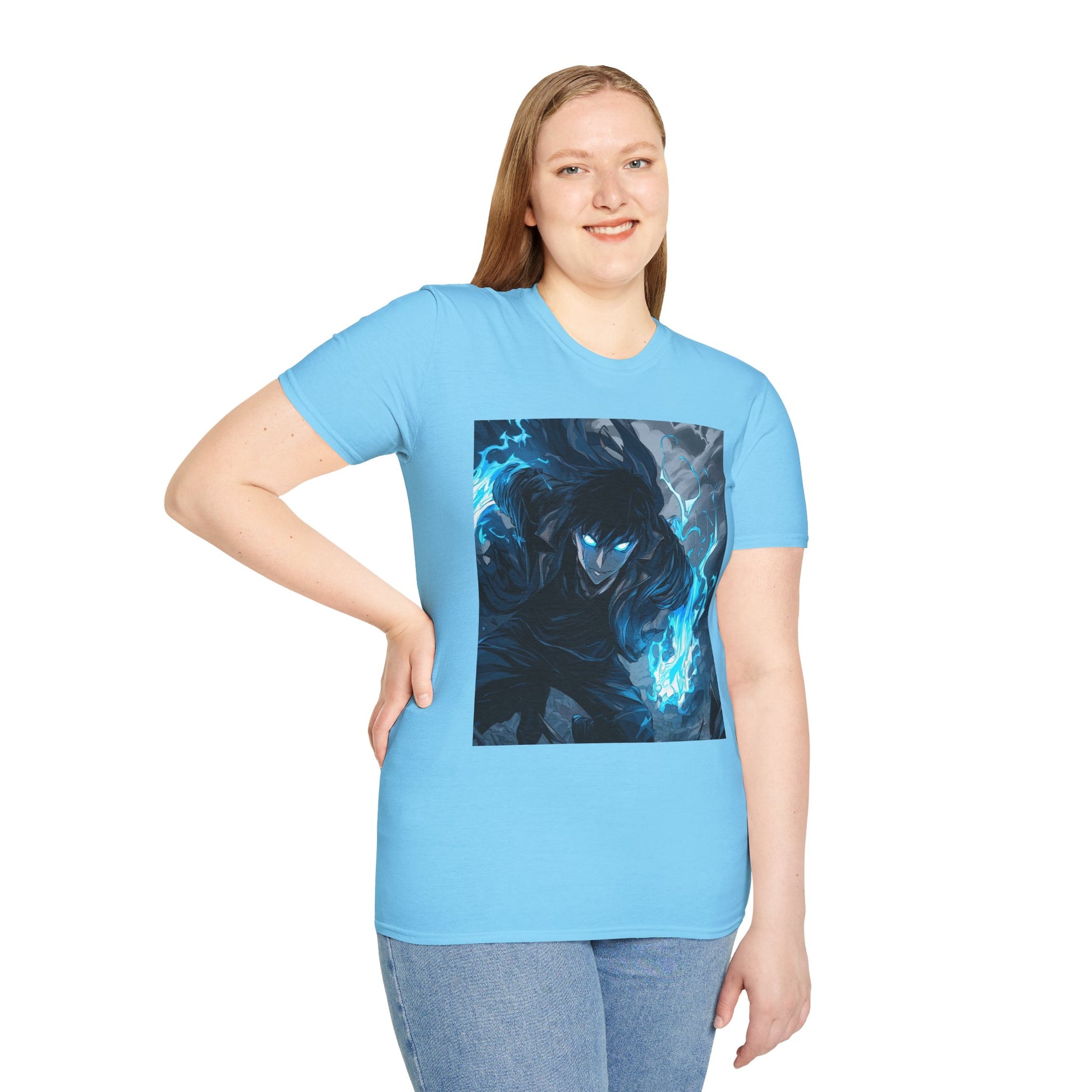 Solo Leveling Shadow Monarch Tee -  solo leveling sung jin woo shadow monarch anime shirt graphic tee unisex Shadow Monarch Tee – Sung Jin Woo engulfed in blue flames with glowing eyes