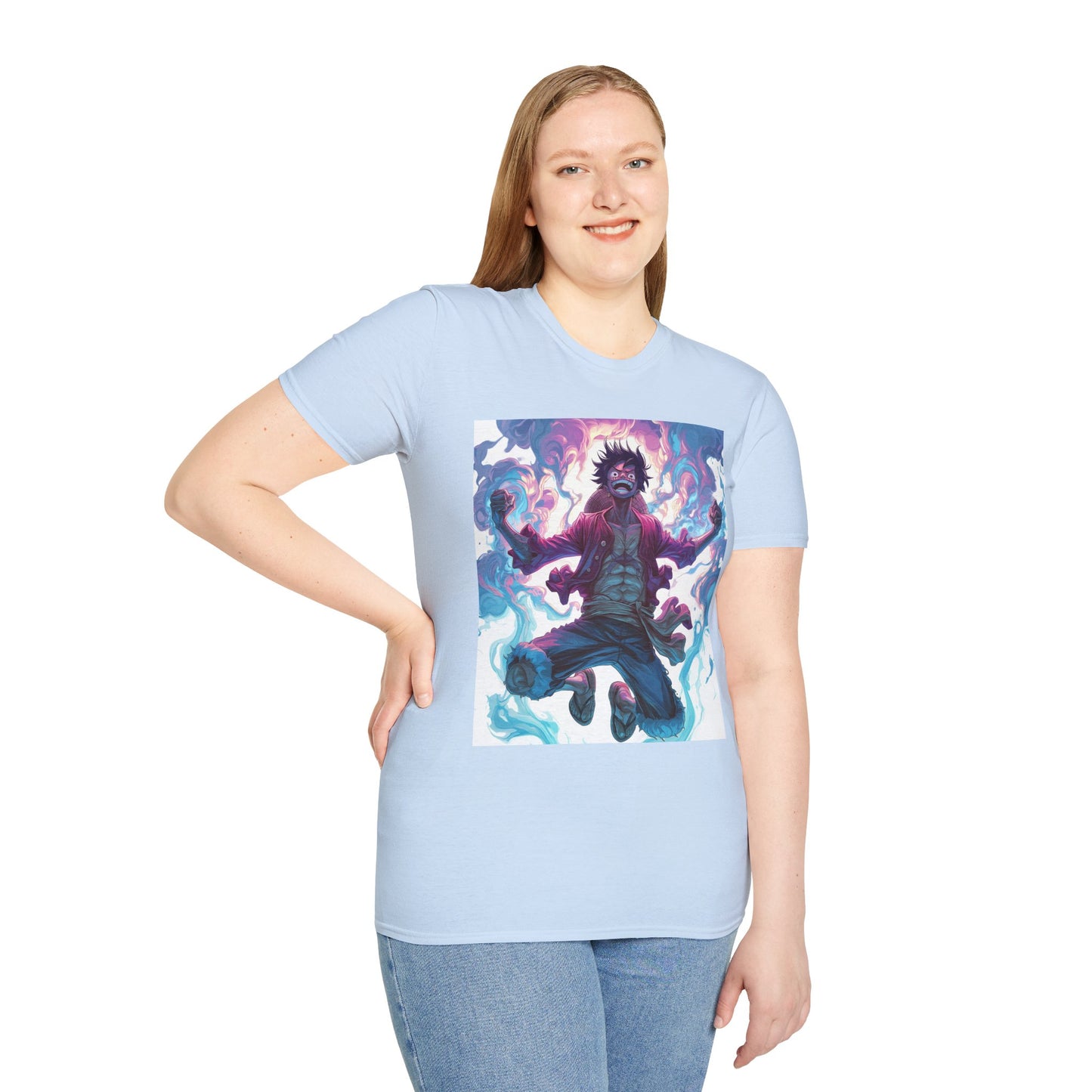 Luffy Pirate King Tee - one piece luffy pirate king anime shirt graphic tee unisex King of the Pirates Tee – Luffy mid-air with red shirt, fists clenched and cosmic energy