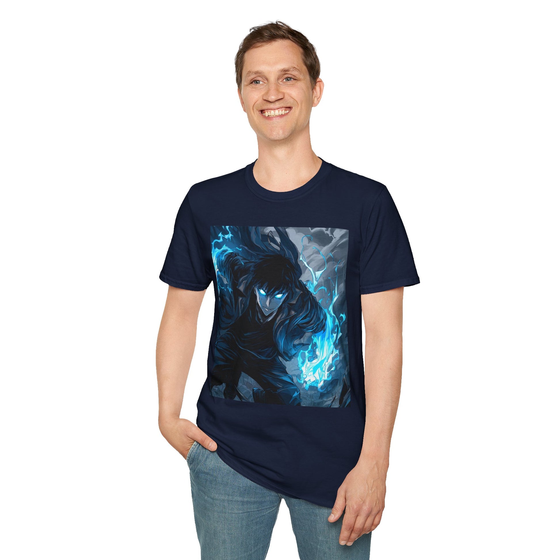 Solo Leveling Shadow Monarch Tee -  solo leveling sung jin woo shadow monarch anime shirt graphic tee unisex Shadow Monarch Tee – Sung Jin Woo engulfed in blue flames with glowing eyes