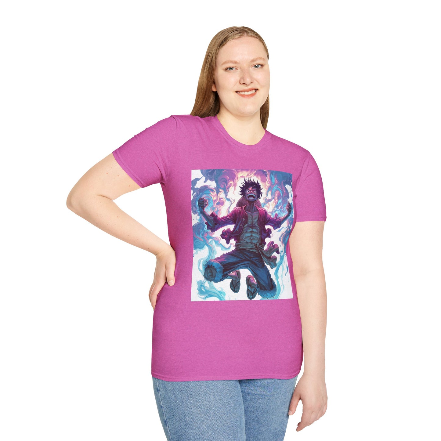 Luffy Pirate King Tee - one piece luffy pirate king anime shirt graphic tee unisex King of the Pirates Tee – Luffy mid-air with red shirt, fists clenched and cosmic energy