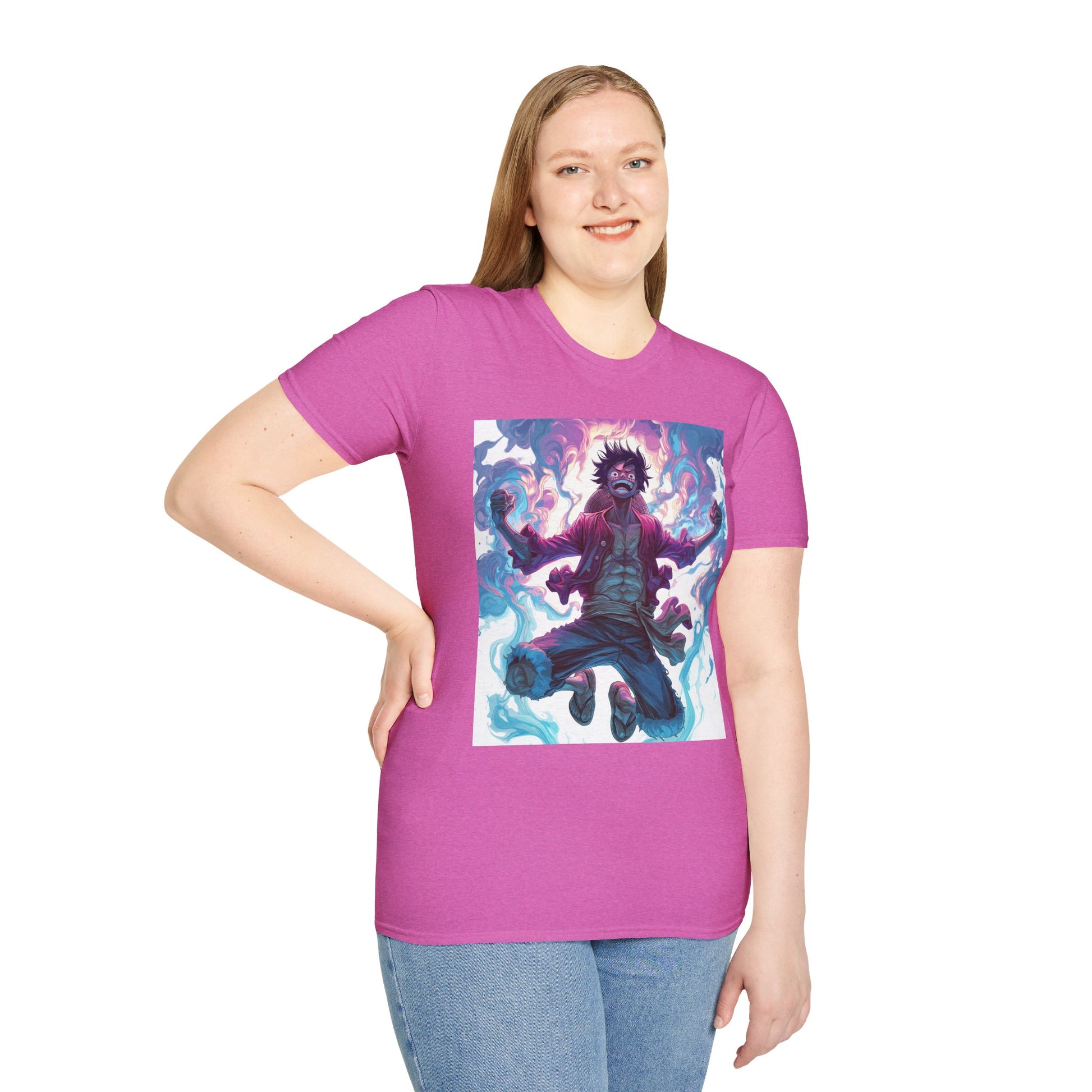Luffy Pirate King Tee -  one piece luffy pirate king anime shirt graphic tee unisex King of the Pirates Tee – Luffy mid-air with red shirt, fists clenched and cosmic energy