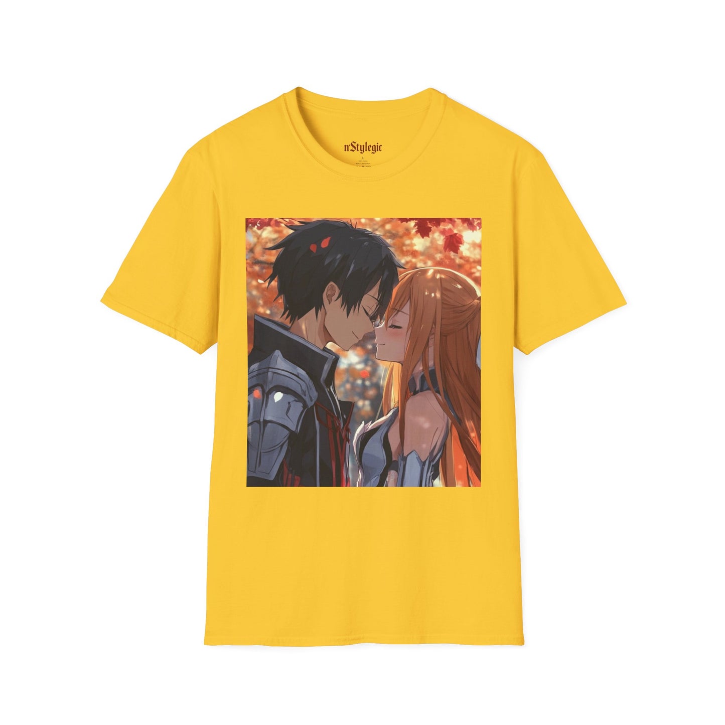 Black Knight Fantasy Tee - fantasy romance black knight anime shirt graphic tee unisex Black Knight & Golden Flash Tee – Kirito and Asuna under autumn leaves
