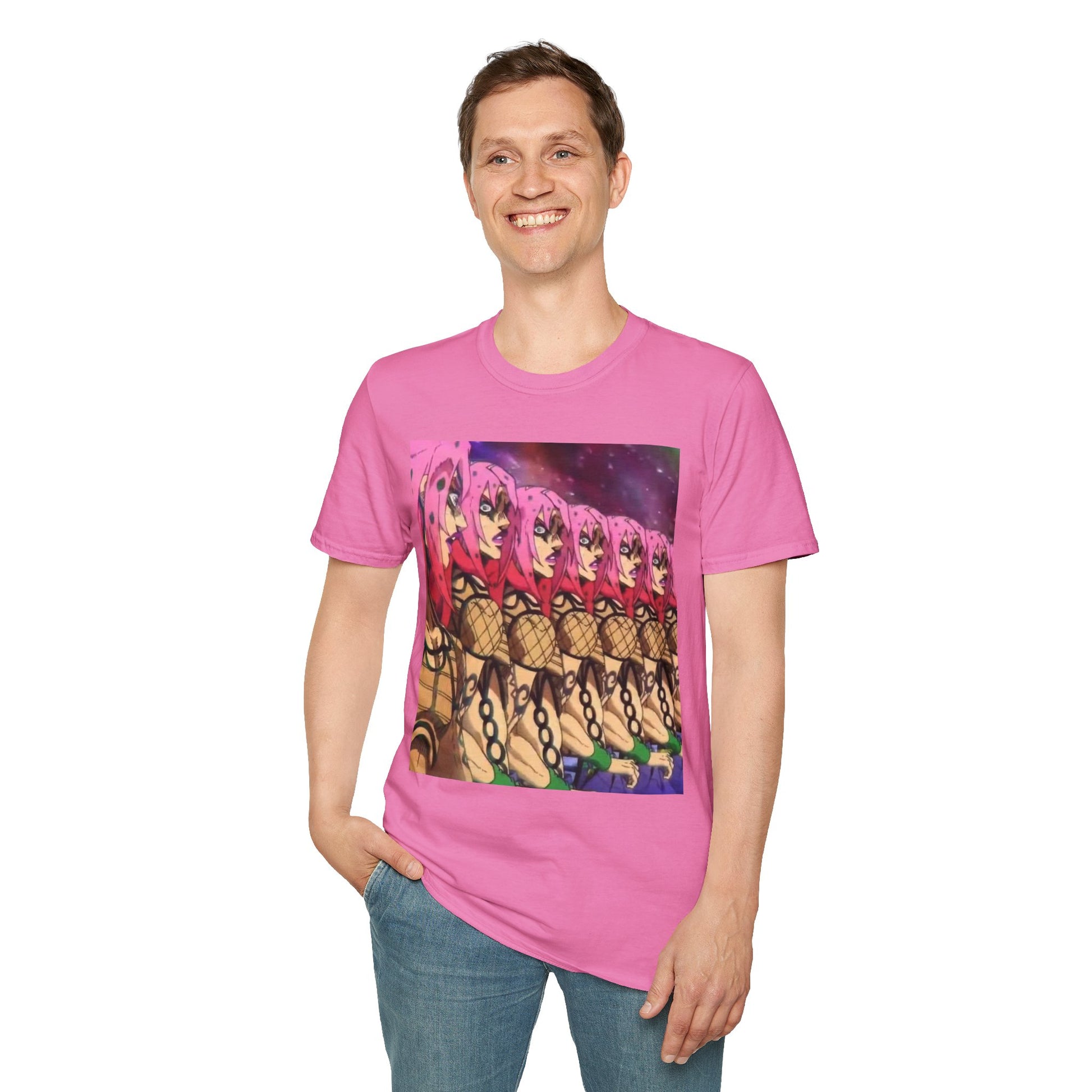 Diavolo Infinite Loop Tee -  jojo diavolo king crimson anime shirt graphic tee unisex Diavolo Death Loop Tee – Diavolo caught in cosmic loop with pink hair and cryptic tattoos