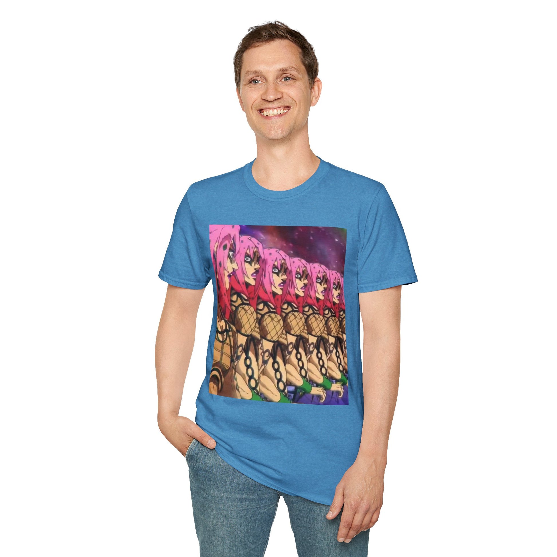 Diavolo Infinite Loop Tee -  jojo diavolo king crimson anime shirt graphic tee unisex Diavolo Death Loop Tee – Diavolo caught in cosmic loop with pink hair and cryptic tattoos