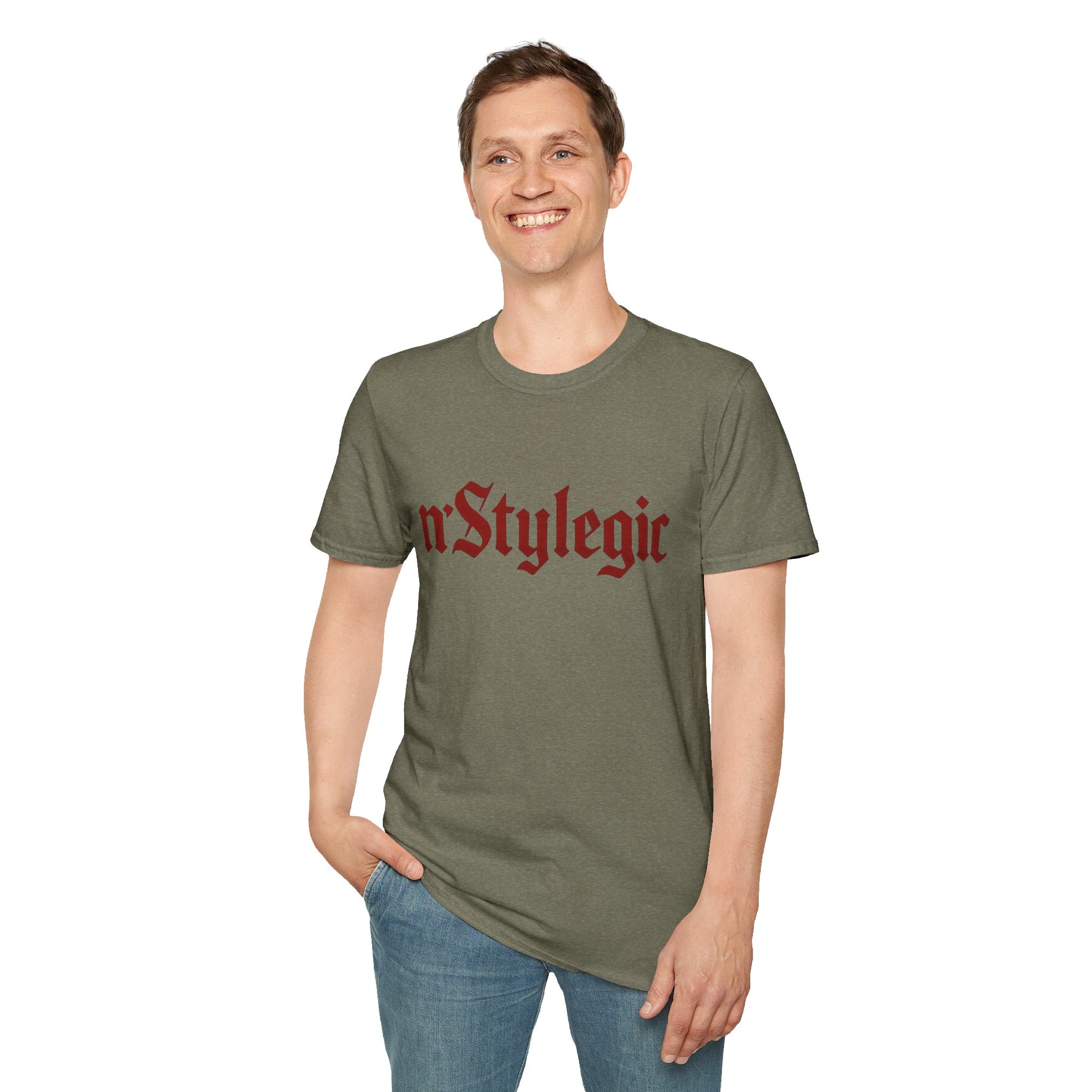 n’Stylegic Logo Streetwear Tee -  logo tee streetwear minimalist graphic tee unisex n’Stylegic Logo Tee – Gothic red logo on minimalist black shirt streetwear branding