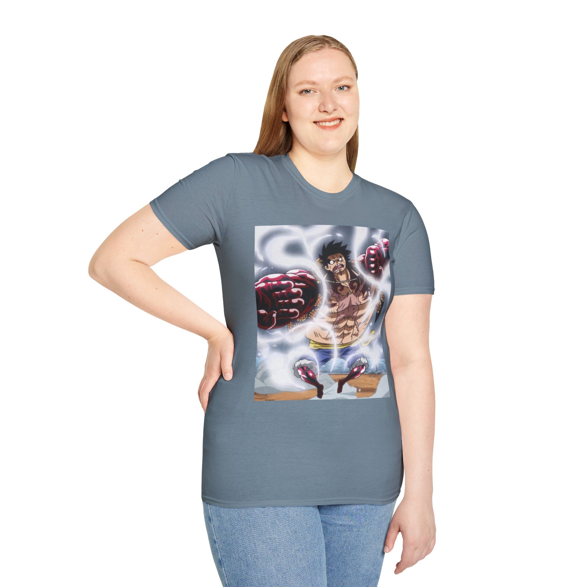 Luffy Gear 4 Anime Tee -  one piece luffy gear 4 bounce man anime shirt graphic tee unisex Gear 4 Bounce Man Tee – Luffy in Gear 4 transformation with Haki aura