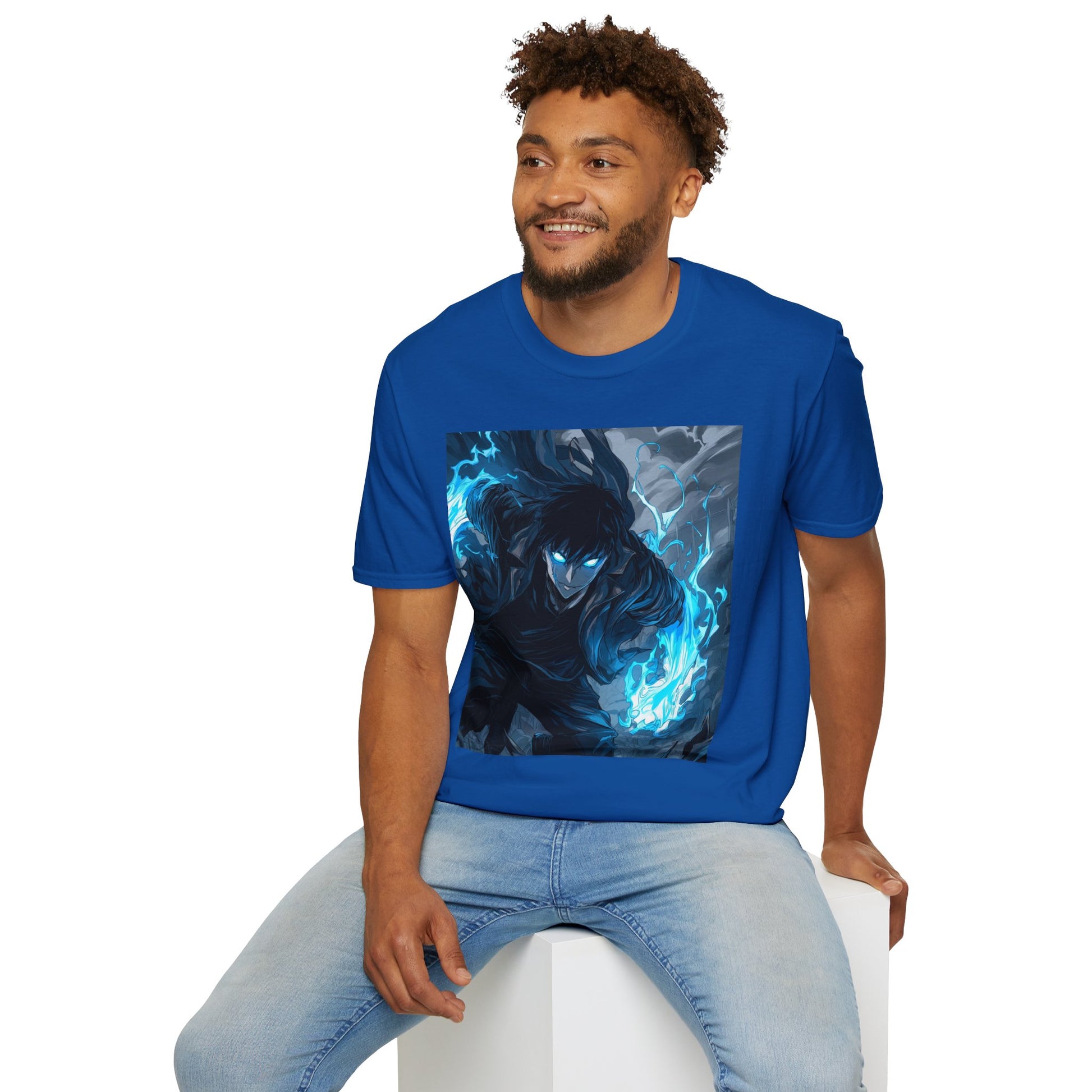 Solo Leveling Shadow Monarch Tee -  solo leveling sung jin woo shadow monarch anime shirt graphic tee unisex Shadow Monarch Tee – Sung Jin Woo engulfed in blue flames with glowing eyes