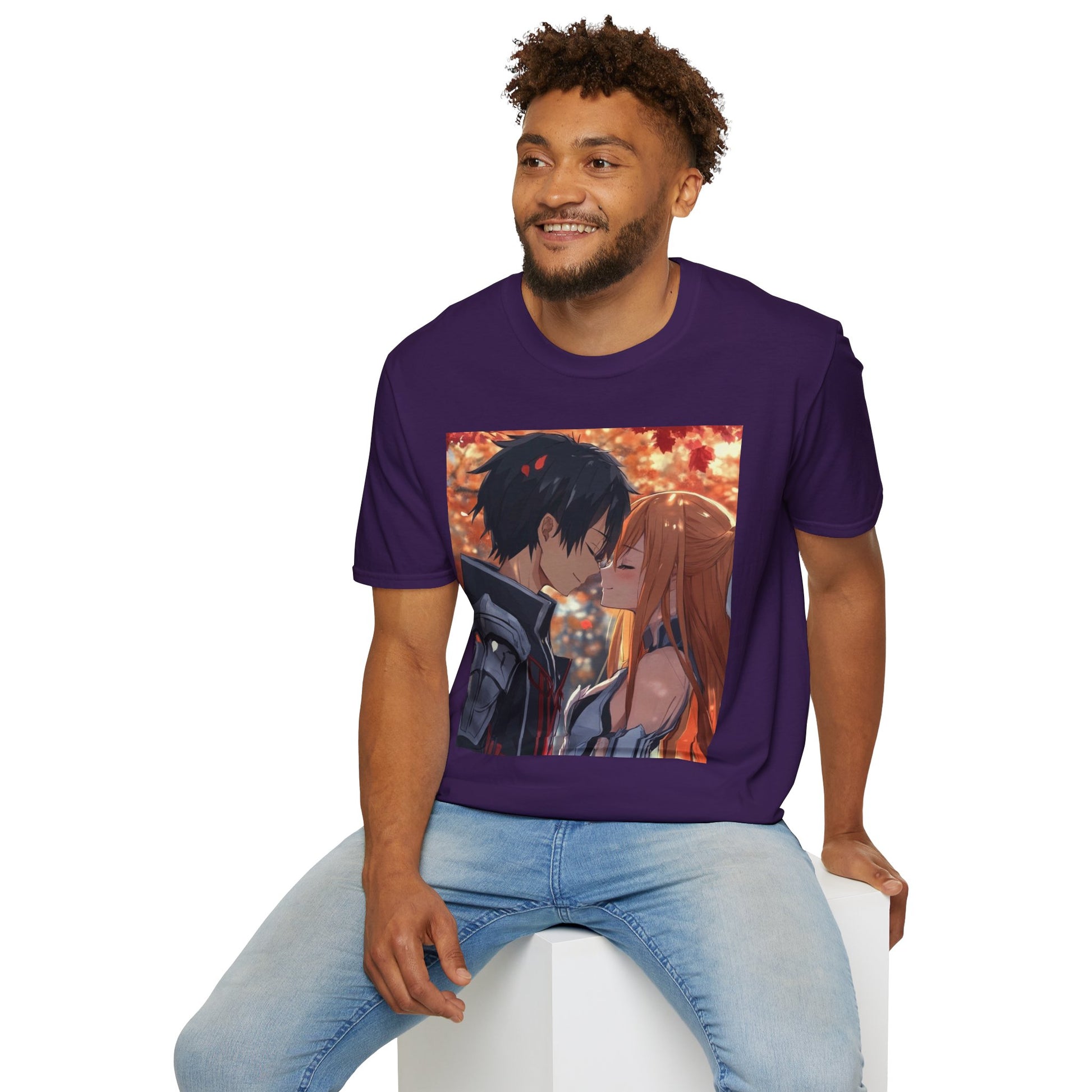Black Knight Fantasy Tee -  fantasy romance black knight anime shirt graphic tee unisex Black Knight & Golden Flash Tee – Kirito and Asuna under autumn leaves