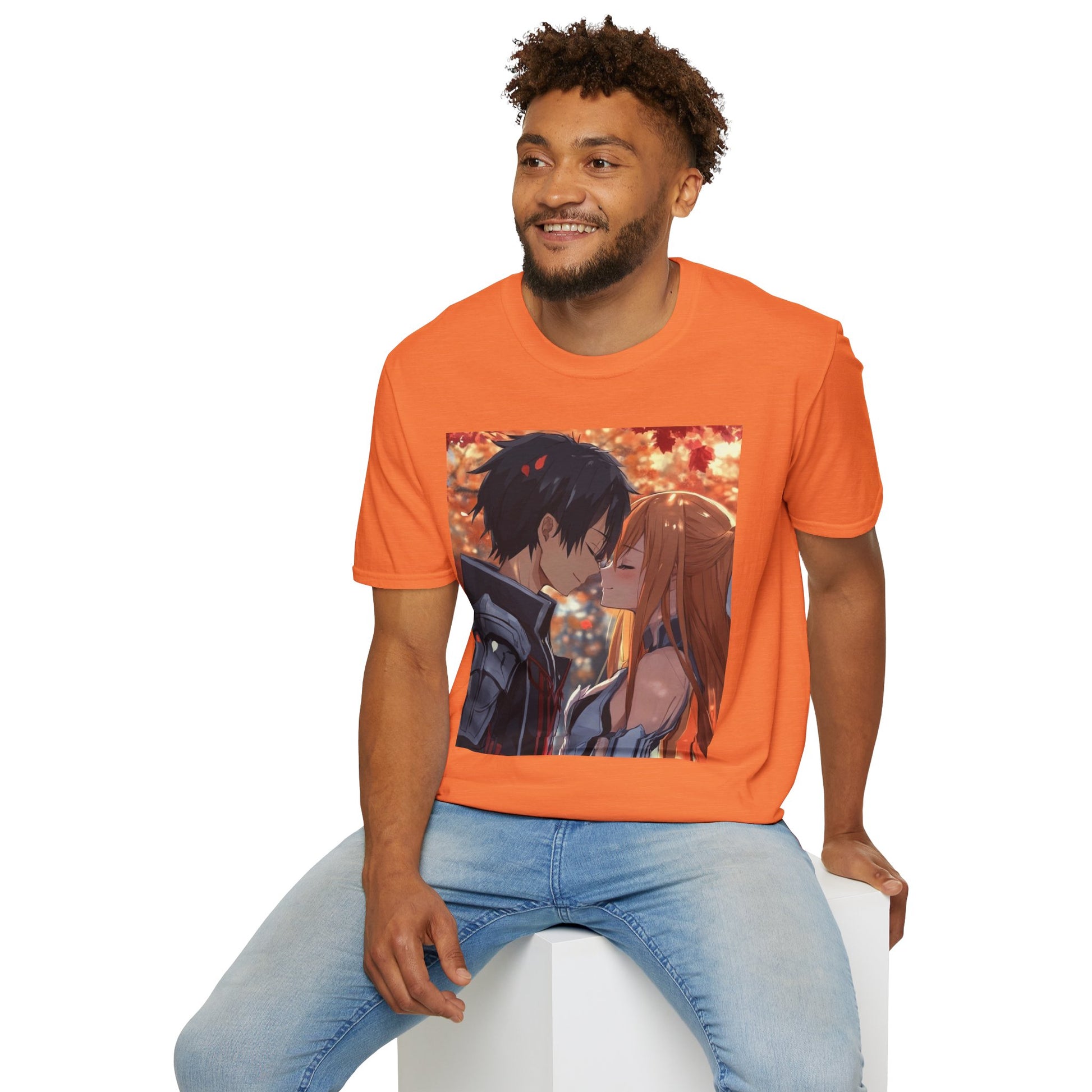 Black Knight Fantasy Tee -  fantasy romance black knight anime shirt graphic tee unisex Black Knight & Golden Flash Tee – Kirito and Asuna under autumn leaves