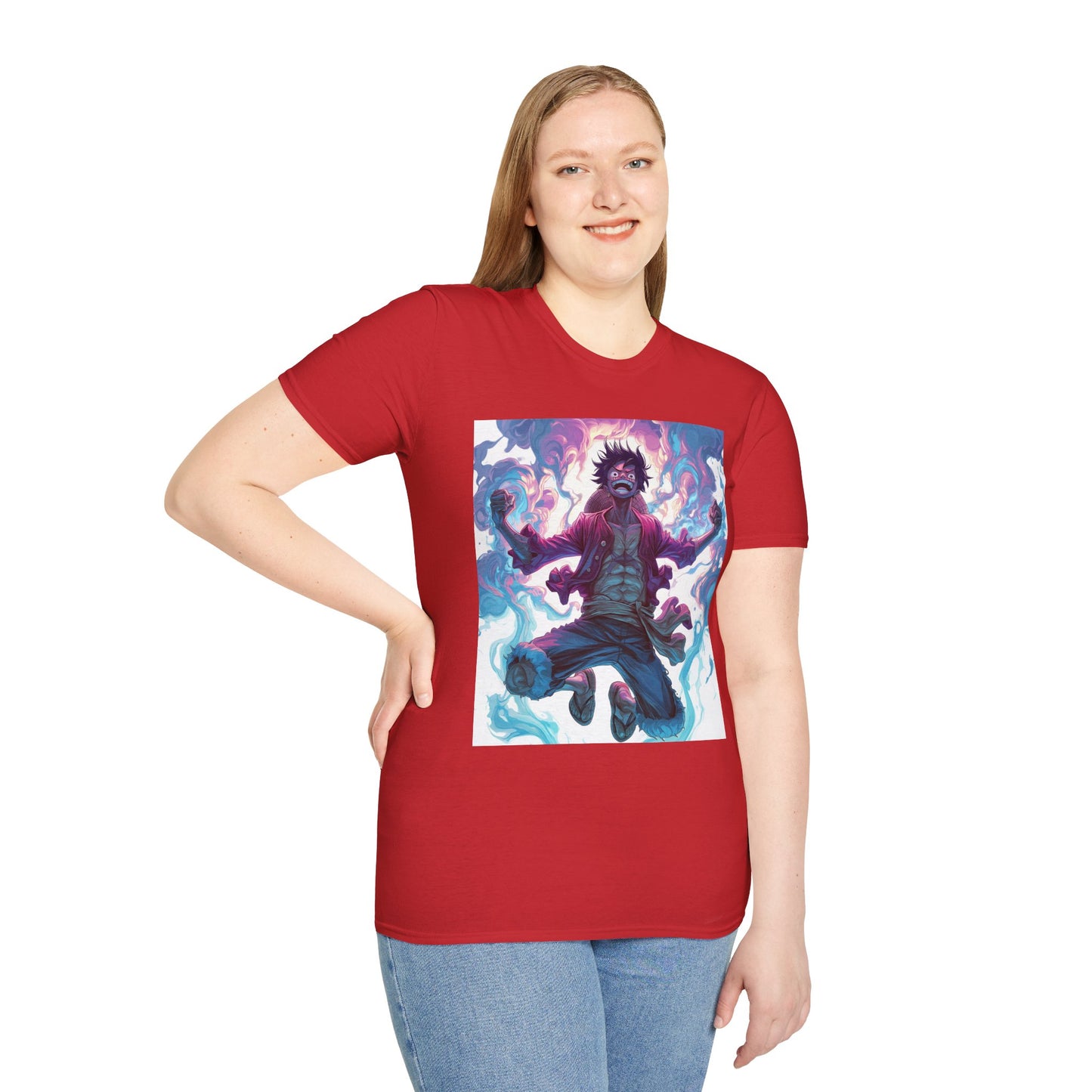 Luffy Pirate King Tee - one piece luffy pirate king anime shirt graphic tee unisex King of the Pirates Tee – Luffy mid-air with red shirt, fists clenched and cosmic energy