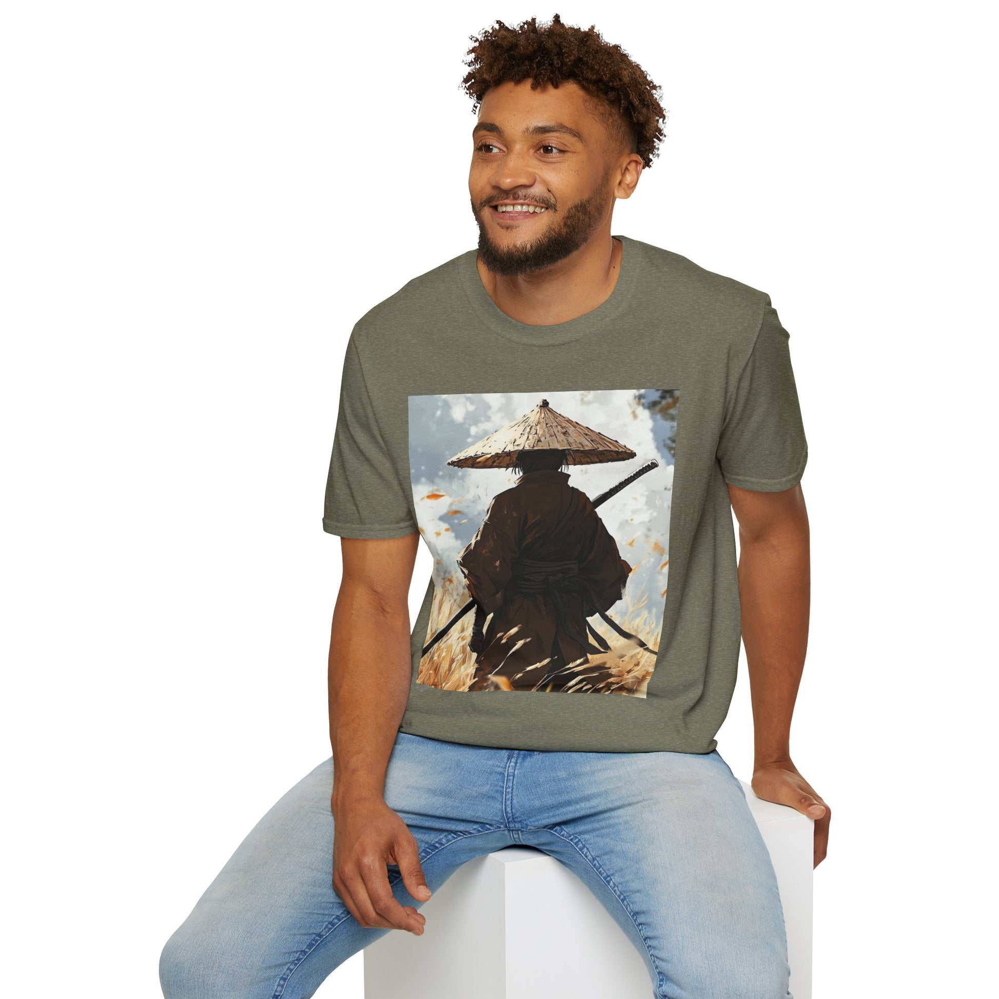 Vagabond Samurai Tee -  samurai vagabond japanese culture anime shirt graphic tee unisex Vagabond Swordsman Tee – Lone samurai in windswept field with katana and falling autumn leaves