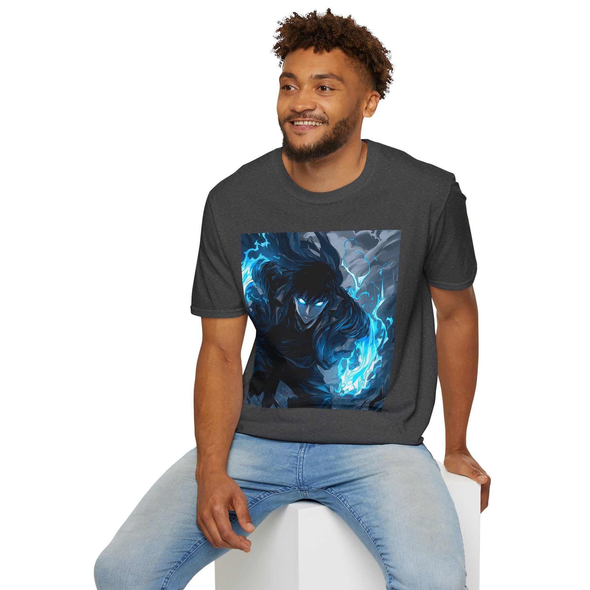 Solo Leveling Shadow Monarch Tee -  solo leveling sung jin woo shadow monarch anime shirt graphic tee unisex Shadow Monarch Tee – Sung Jin Woo engulfed in blue flames with glowing eyes