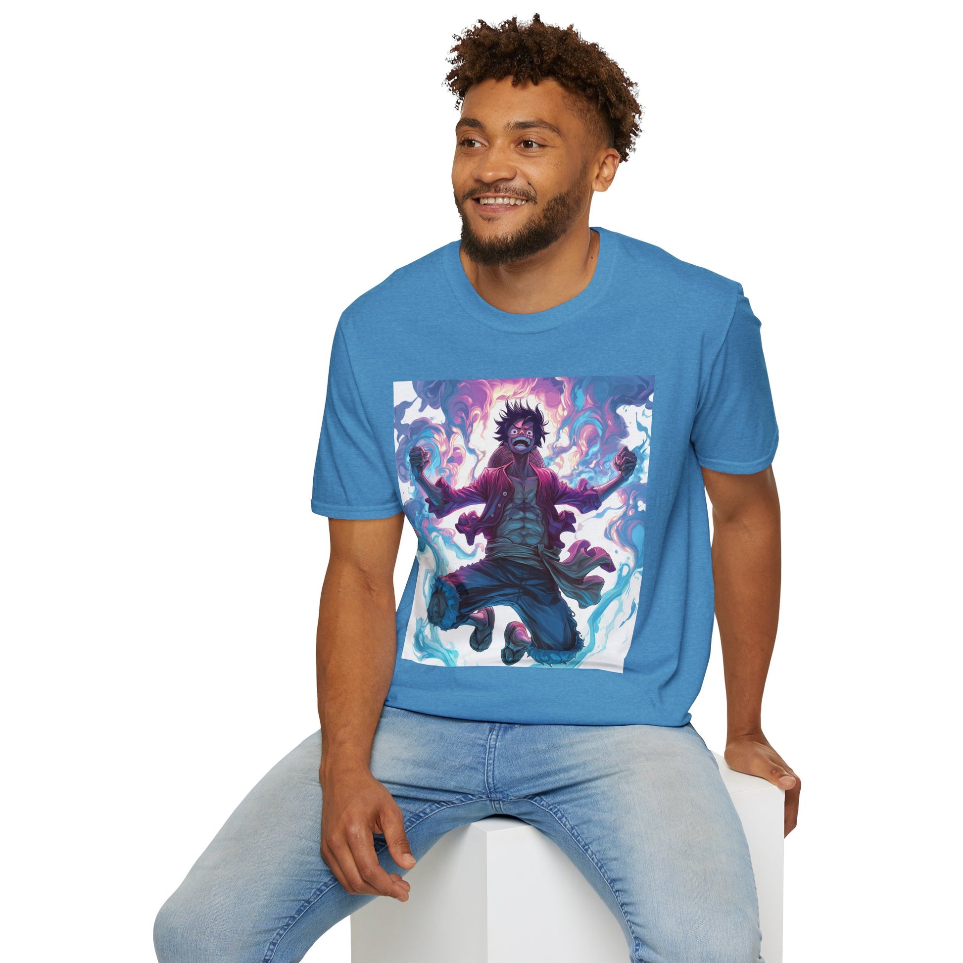 Luffy Pirate King Tee -  one piece luffy pirate king anime shirt graphic tee unisex King of the Pirates Tee – Luffy mid-air with red shirt, fists clenched and cosmic energy