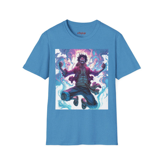Luffy Pirate King Tee -  one piece luffy pirate king anime shirt graphic tee unisex King of the Pirates Tee – Luffy mid-air with red shirt, fists clenched and cosmic energy