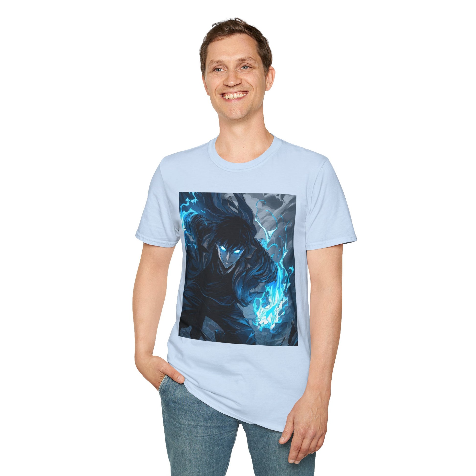Solo Leveling Shadow Monarch Tee -  solo leveling sung jin woo shadow monarch anime shirt graphic tee unisex Shadow Monarch Tee – Sung Jin Woo engulfed in blue flames with glowing eyes