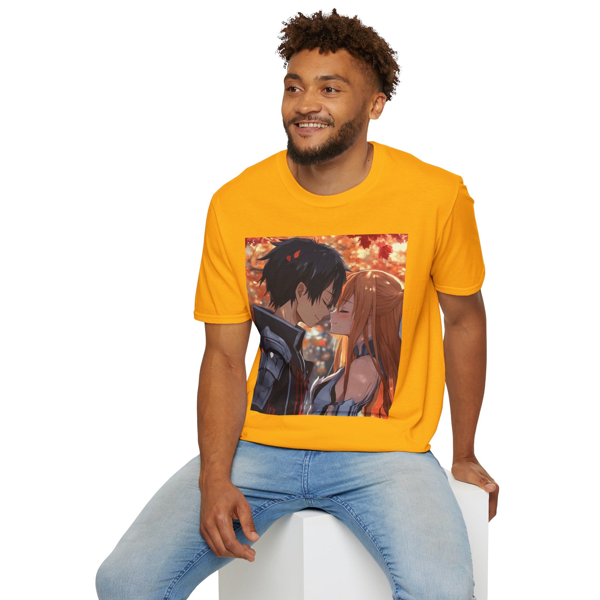 Black Knight Fantasy Tee -  fantasy romance black knight anime shirt graphic tee unisex Black Knight & Golden Flash Tee – Kirito and Asuna under autumn leaves