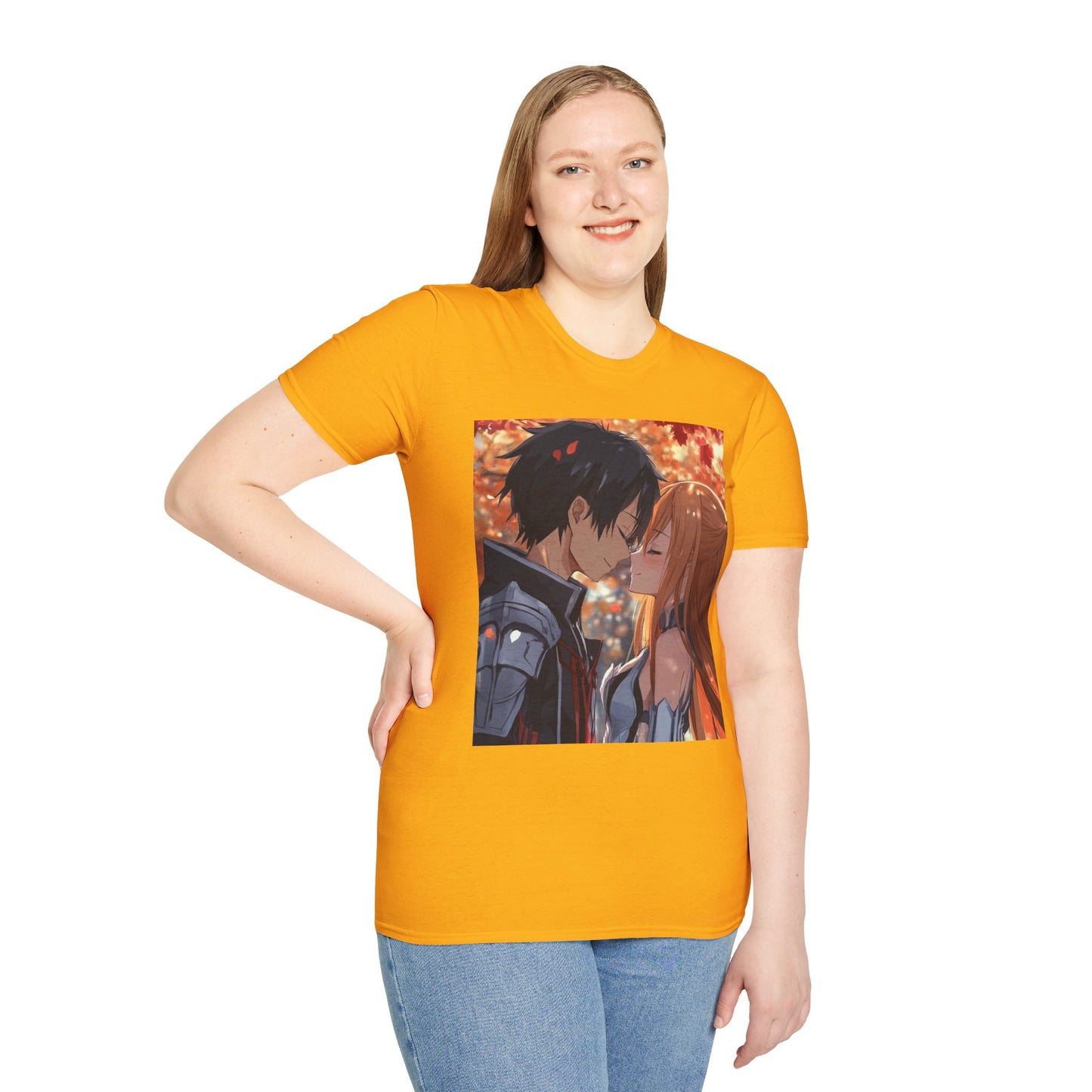 Black Knight Fantasy Tee - fantasy romance black knight anime shirt graphic tee unisex Black Knight & Golden Flash Tee – Kirito and Asuna under autumn leaves