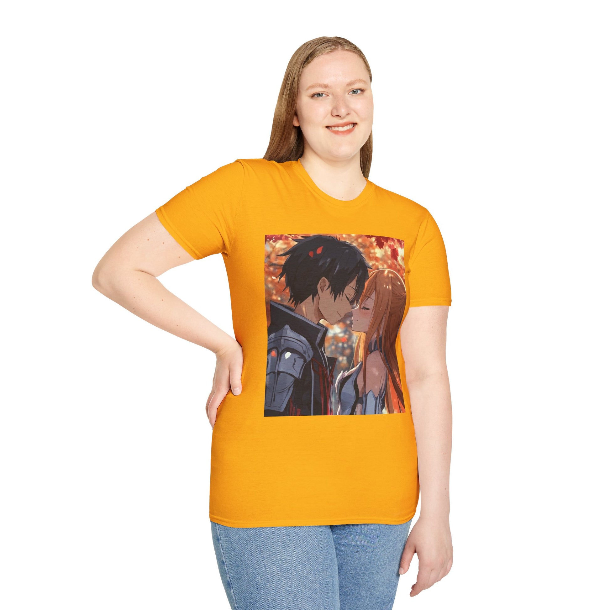 Black Knight Fantasy Tee -  fantasy romance black knight anime shirt graphic tee unisex Black Knight & Golden Flash Tee – Kirito and Asuna under autumn leaves