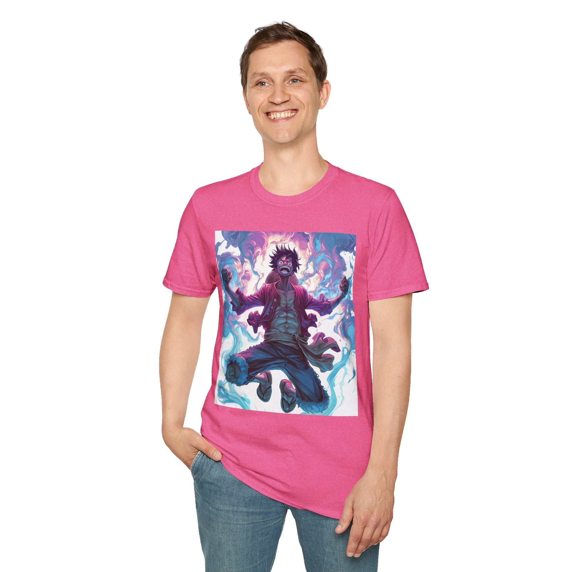 Luffy Pirate King Tee -  one piece luffy pirate king anime shirt graphic tee unisex King of the Pirates Tee – Luffy mid-air with red shirt, fists clenched and cosmic energy