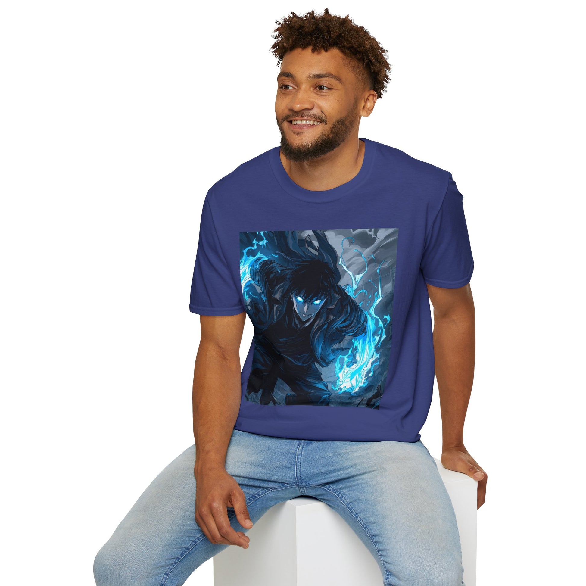 Solo Leveling Shadow Monarch Tee -  solo leveling sung jin woo shadow monarch anime shirt graphic tee unisex Shadow Monarch Tee – Sung Jin Woo engulfed in blue flames with glowing eyes