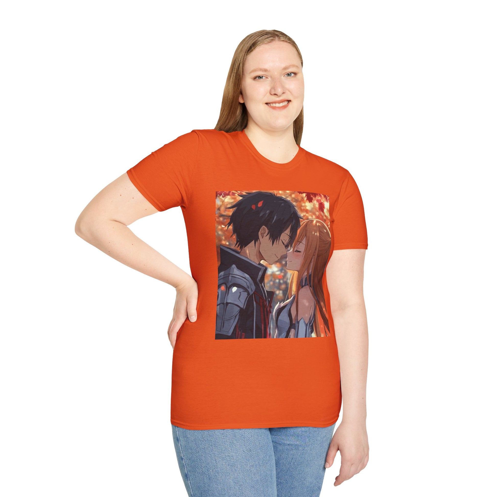 Black Knight Fantasy Tee -  fantasy romance black knight anime shirt graphic tee unisex Black Knight & Golden Flash Tee – Kirito and Asuna under autumn leaves
