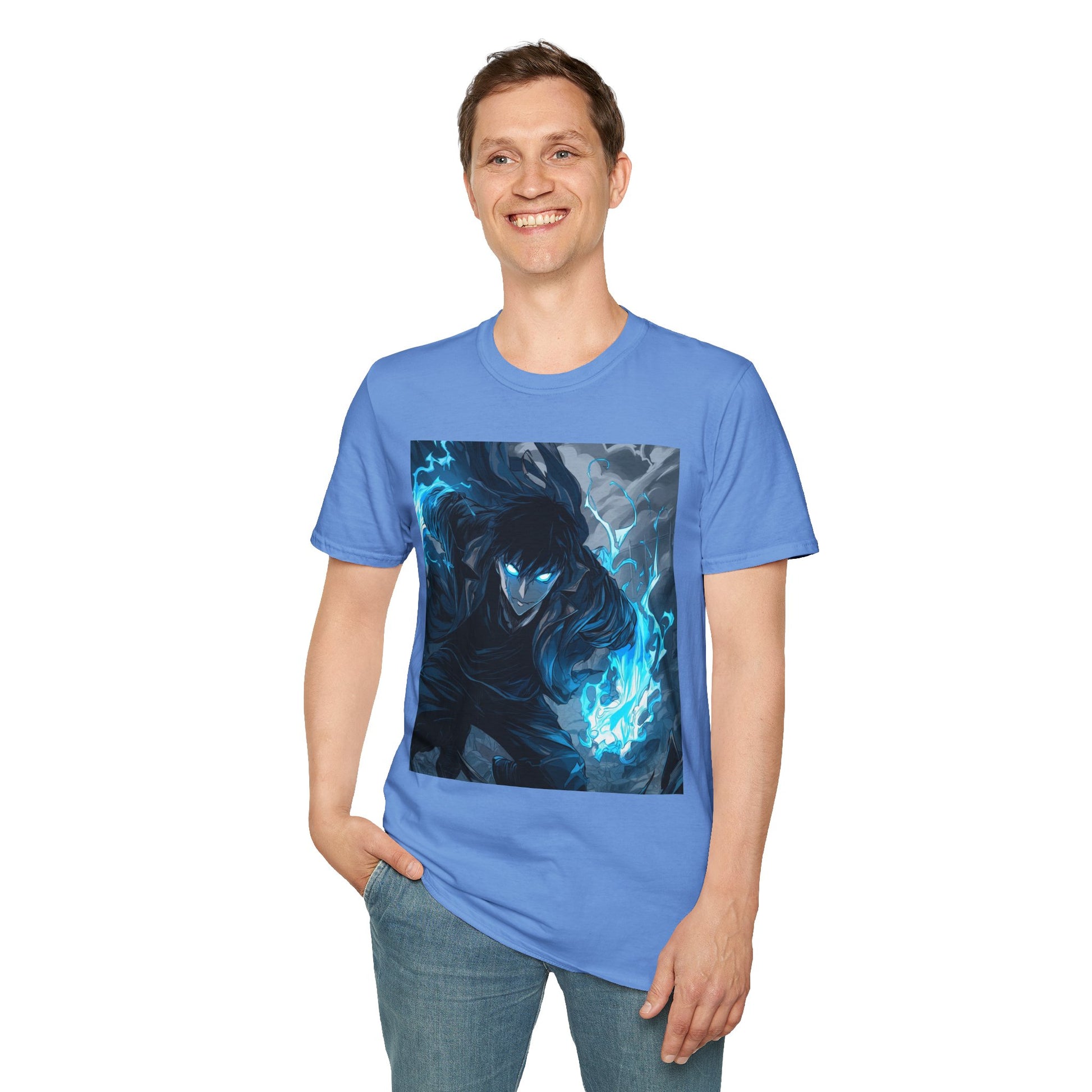Solo Leveling Shadow Monarch Tee -  solo leveling sung jin woo shadow monarch anime shirt graphic tee unisex Shadow Monarch Tee – Sung Jin Woo engulfed in blue flames with glowing eyes