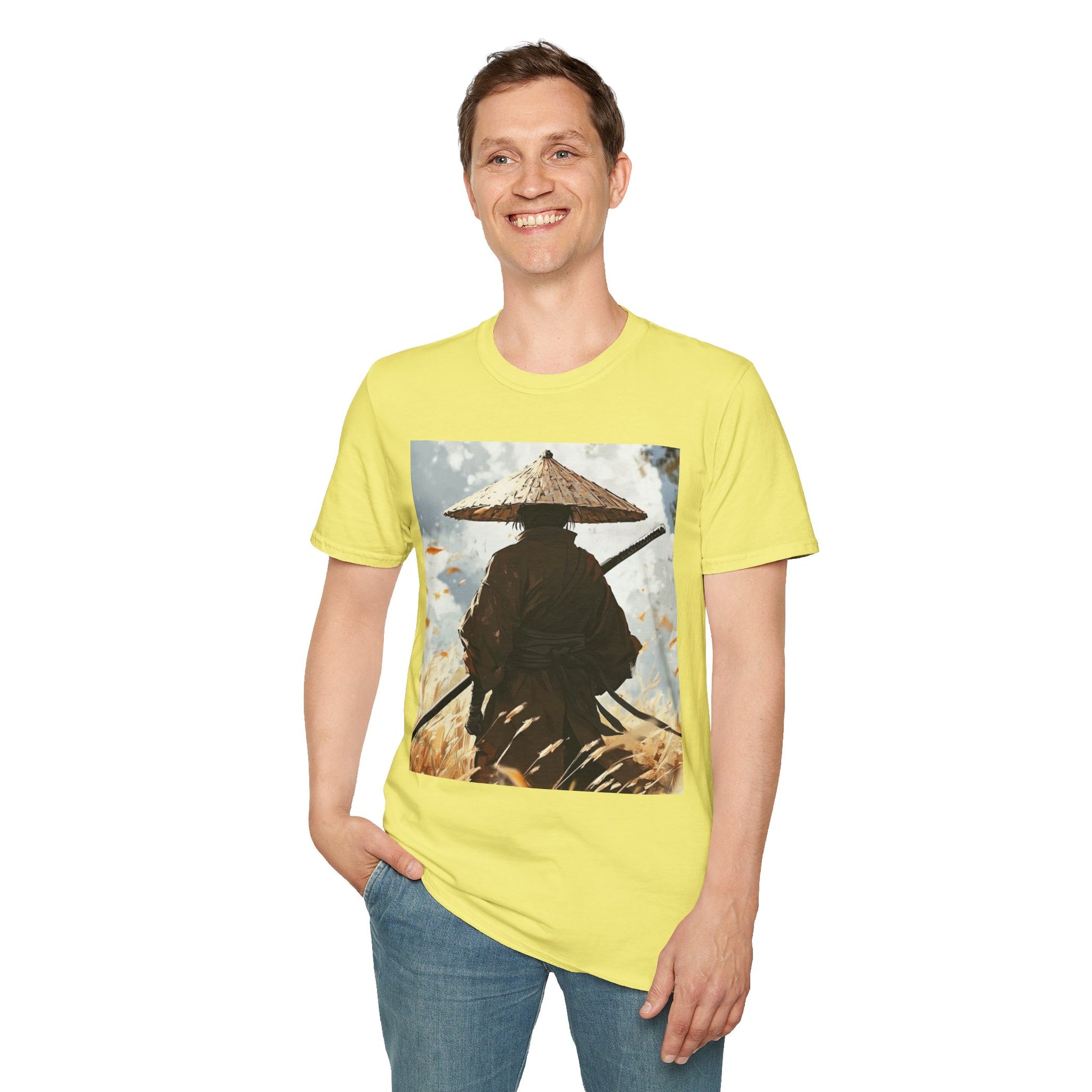 Vagabond Samurai Tee -  samurai vagabond japanese culture anime shirt graphic tee unisex Vagabond Swordsman Tee – Lone samurai in windswept field with katana and falling autumn leaves