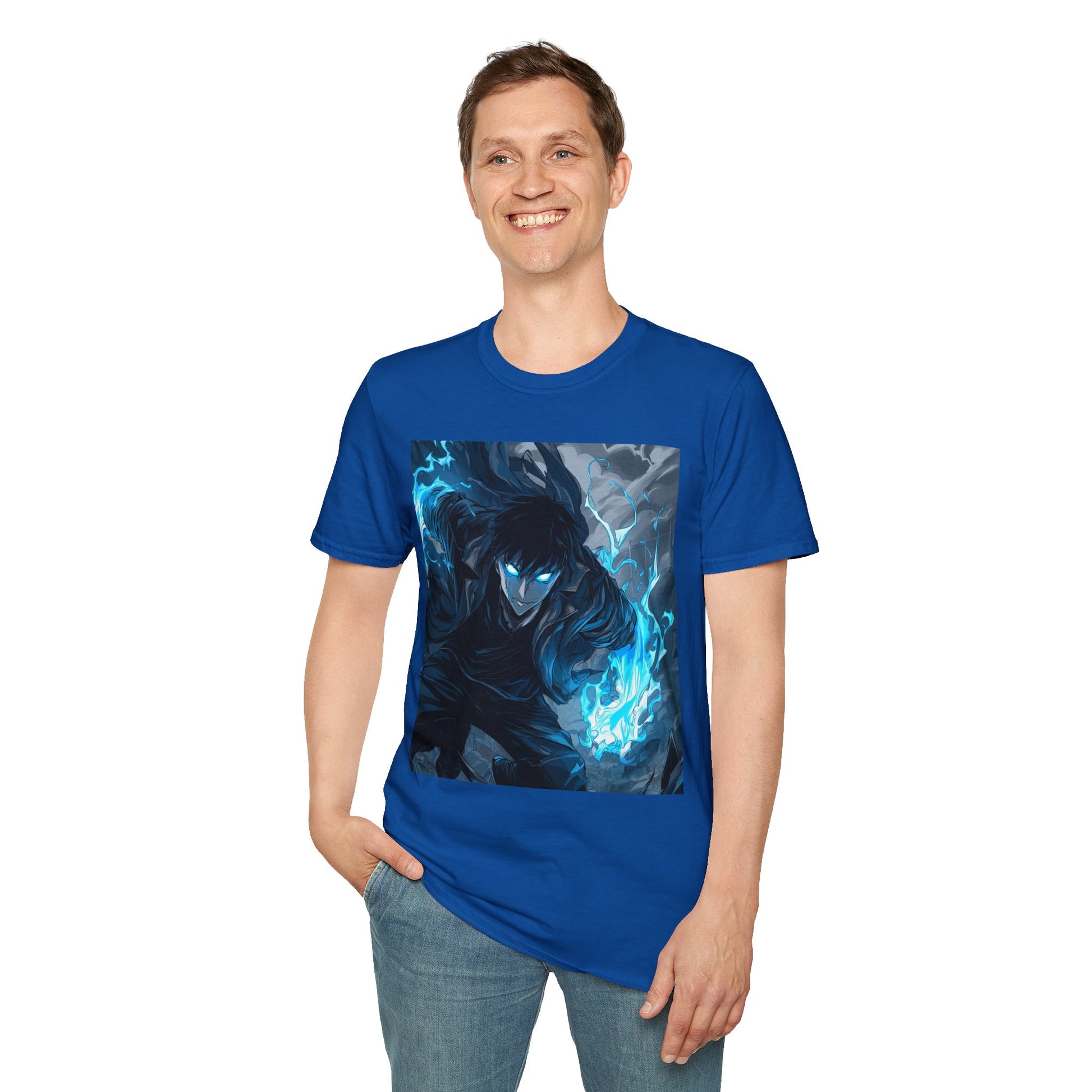 Solo Leveling Shadow Monarch Tee -  solo leveling sung jin woo shadow monarch anime shirt graphic tee unisex Shadow Monarch Tee – Sung Jin Woo engulfed in blue flames with glowing eyes