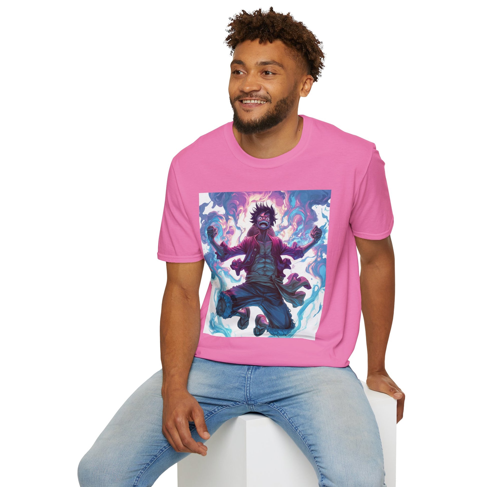Luffy Pirate King Tee -  one piece luffy pirate king anime shirt graphic tee unisex King of the Pirates Tee – Luffy mid-air with red shirt, fists clenched and cosmic energy