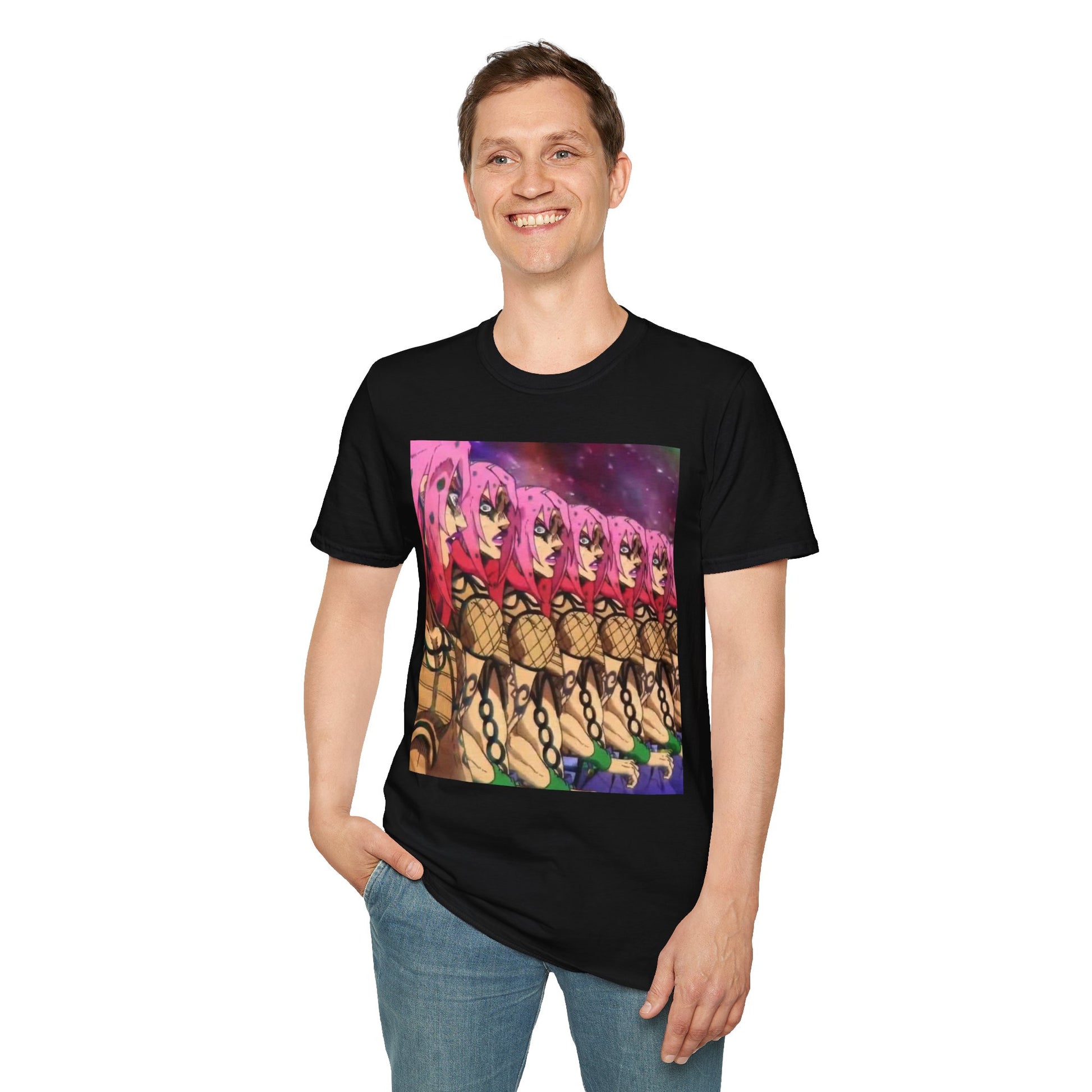 Diavolo Infinite Loop Tee -  jojo diavolo king crimson anime shirt graphic tee unisex Diavolo Death Loop Tee – Diavolo caught in cosmic loop with pink hair and cryptic tattoos