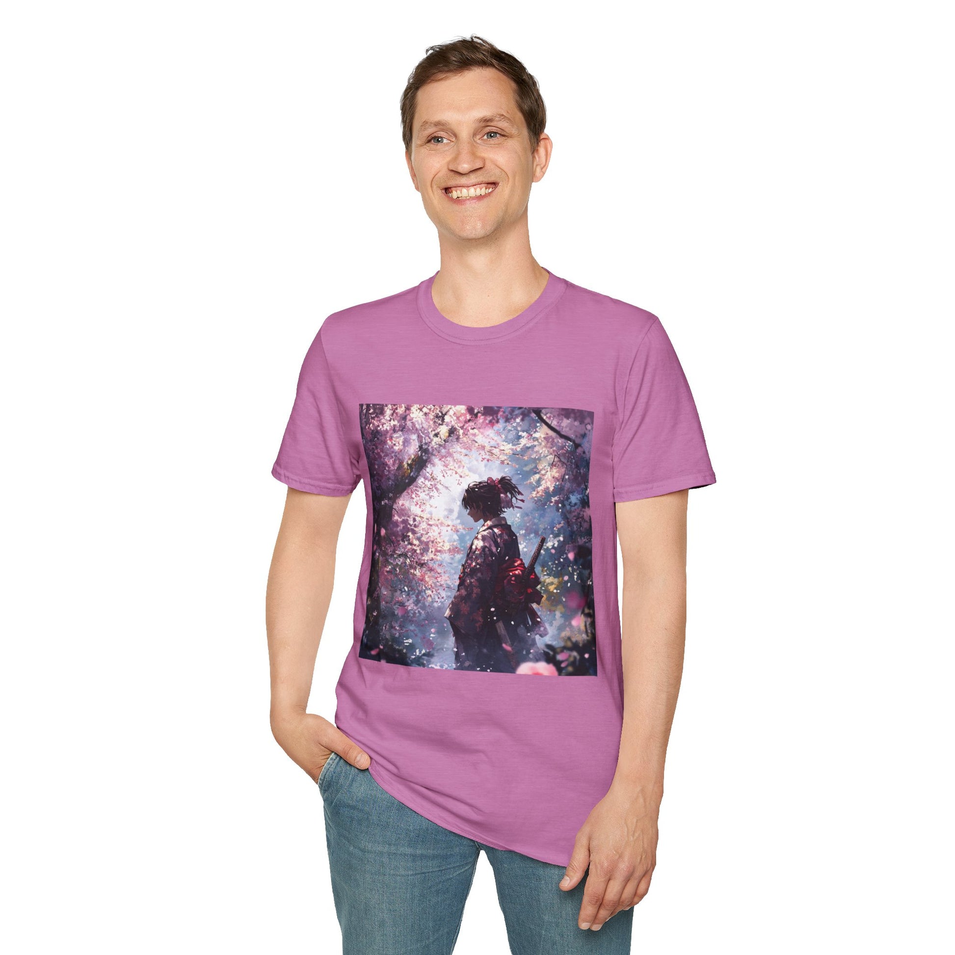 Cherry Blossom Warrior Tee -  samurai cherry blossom japanese culture anime shirt graphic tee unisex Cherry Blossom Samurai Tee – Ornate samurai beneath pink blossoms with katana sheathed