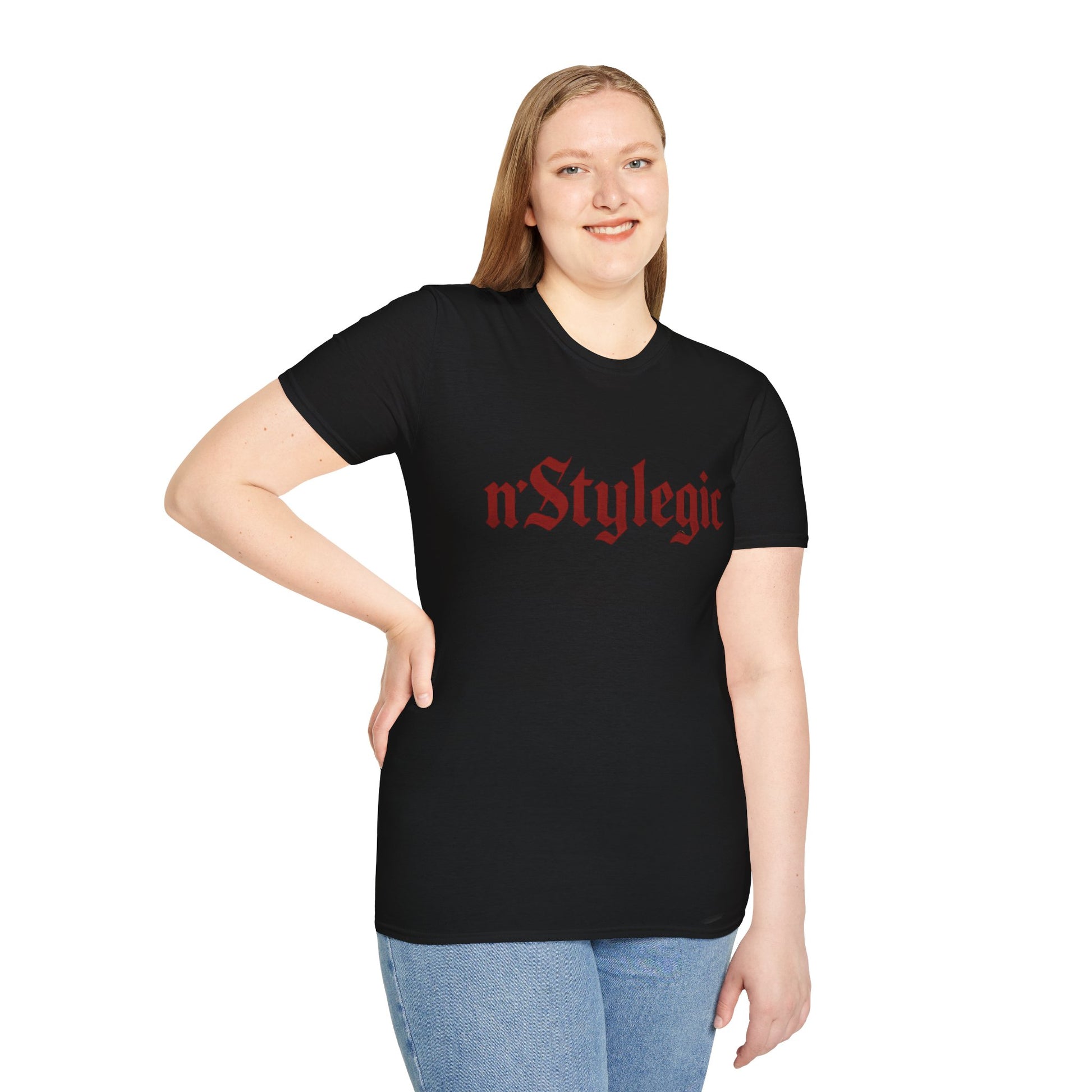 n’Stylegic Logo Streetwear Tee -  logo tee streetwear minimalist graphic tee unisex n’Stylegic Logo Tee – Gothic red logo on minimalist black shirt streetwear branding