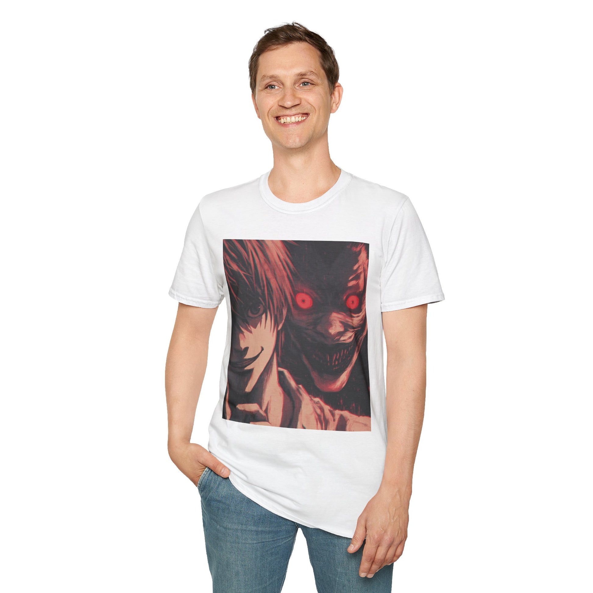 Light Yagami Crimson Tee -  death note light yagami anime shirt graphic tee unisex Crimson Light Tee – Light Yagami in crimson and black, evoking Kira’s quiet intensity with the shinigami Ryuk  gazing over his shoulder