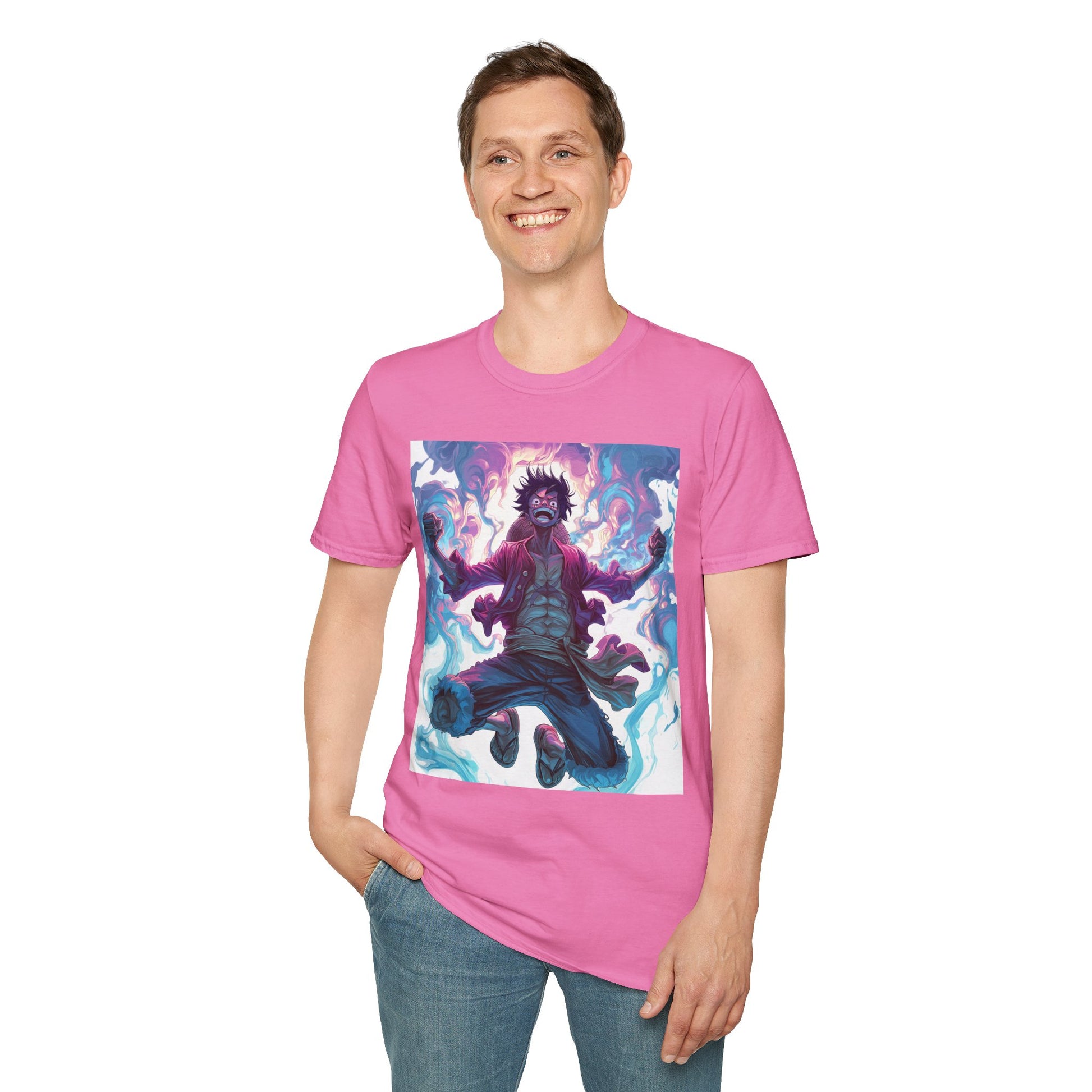 Luffy Pirate King Tee -  one piece luffy pirate king anime shirt graphic tee unisex King of the Pirates Tee – Luffy mid-air with red shirt, fists clenched and cosmic energy