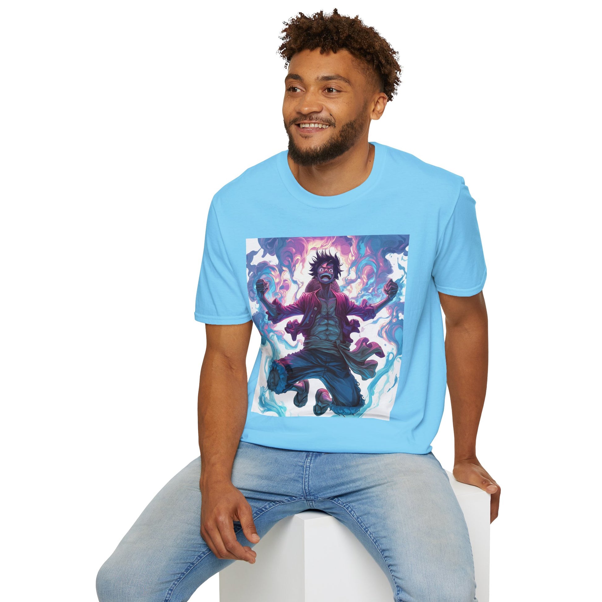 Luffy Pirate King Tee -  one piece luffy pirate king anime shirt graphic tee unisex King of the Pirates Tee – Luffy mid-air with red shirt, fists clenched and cosmic energy