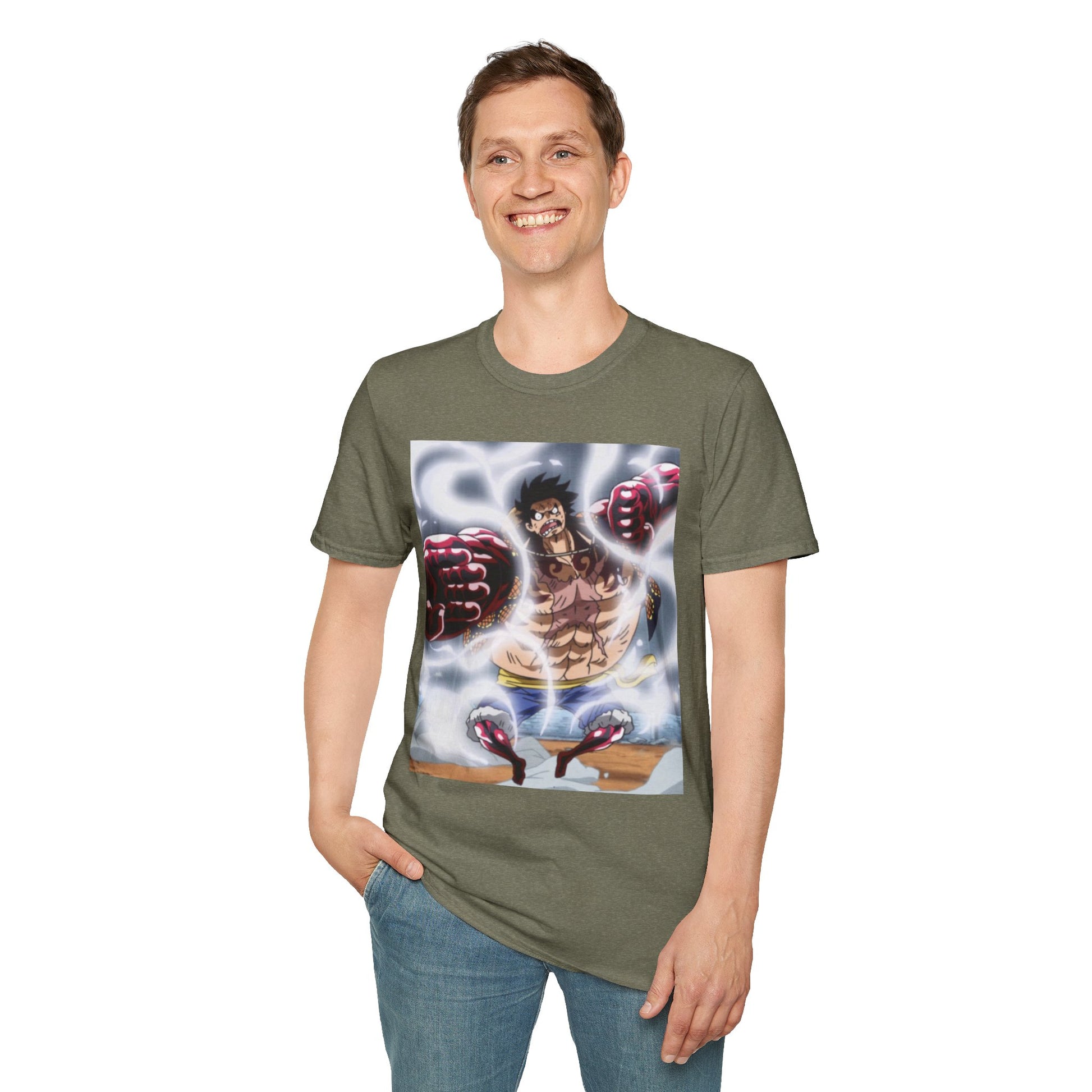 Luffy Gear 4 Anime Tee -  one piece luffy gear 4 bounce man anime shirt graphic tee unisex Gear 4 Bounce Man Tee – Luffy in Gear 4 transformation with Haki aura