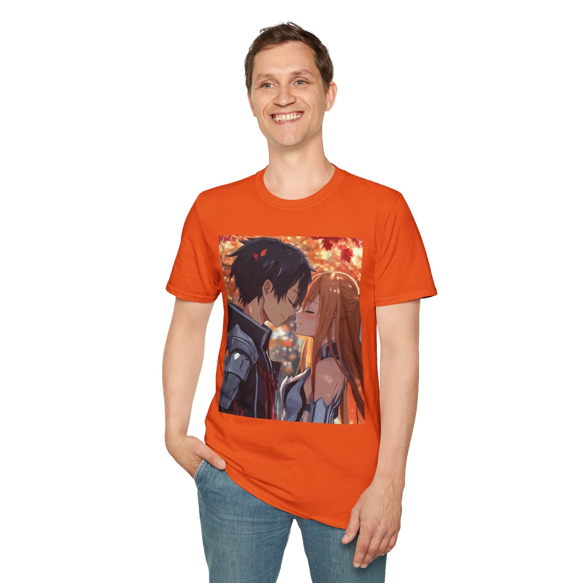 Black Knight Fantasy Tee -  fantasy romance black knight anime shirt graphic tee unisex Black Knight & Golden Flash Tee – Kirito and Asuna under autumn leaves